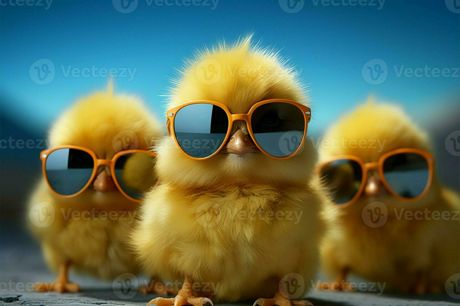 ai generiert Frühling Stil Gelb Küken im Sonnenbrille, klein, Glücklich, Bauernhof Baby foto