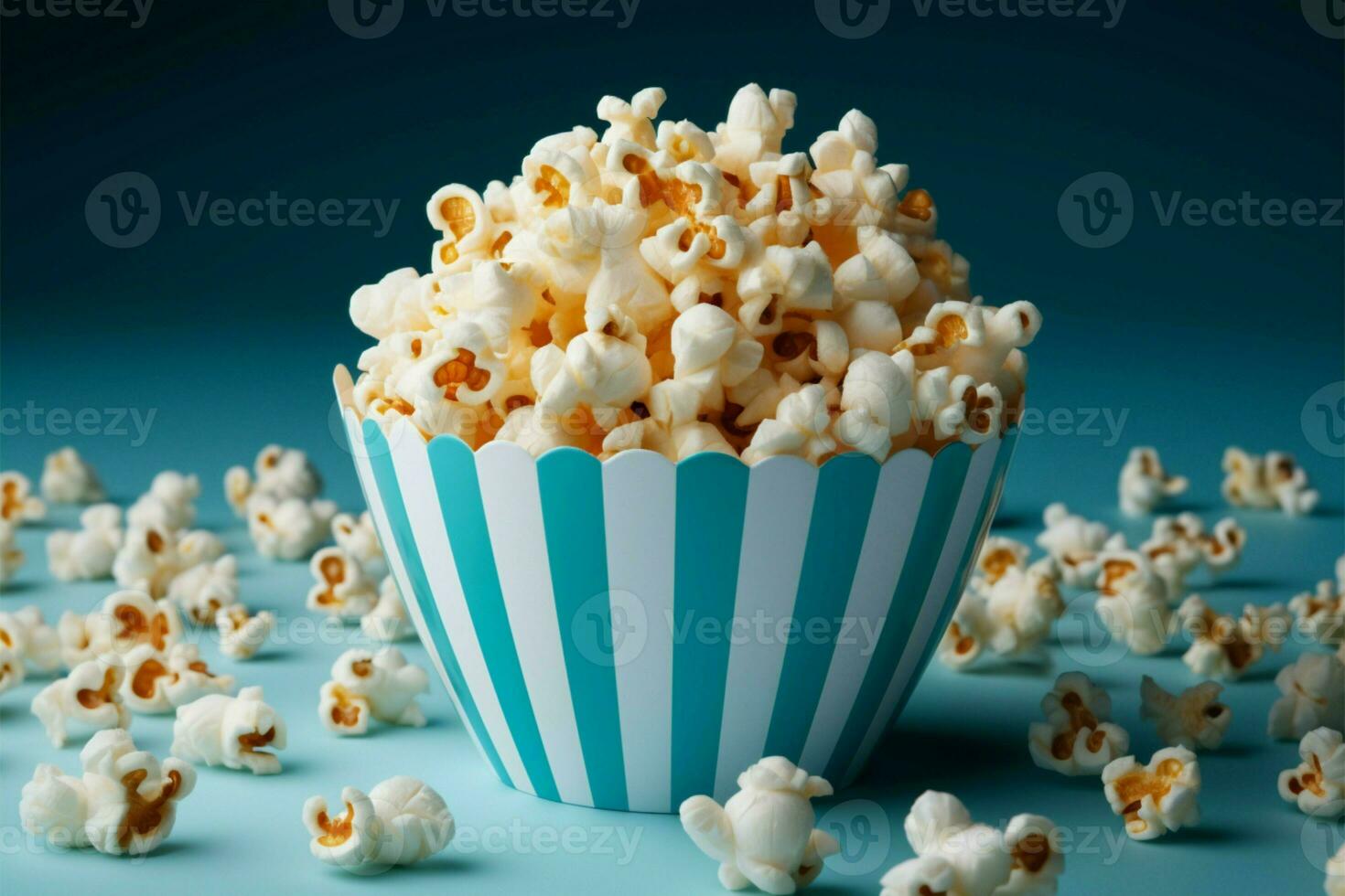 ai generiert Popcorn Vergnügen Blau Kino Box auf ein knackig Weiß Hintergrund foto