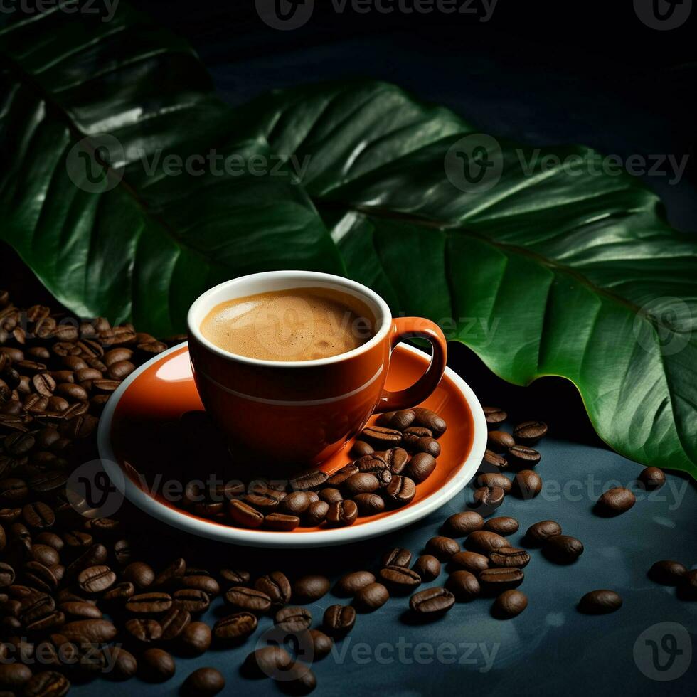 ai generiert Sammlung von visuell reizvoll Morgen Arabica schwarz Kaffee Tassen und Bohnen foto