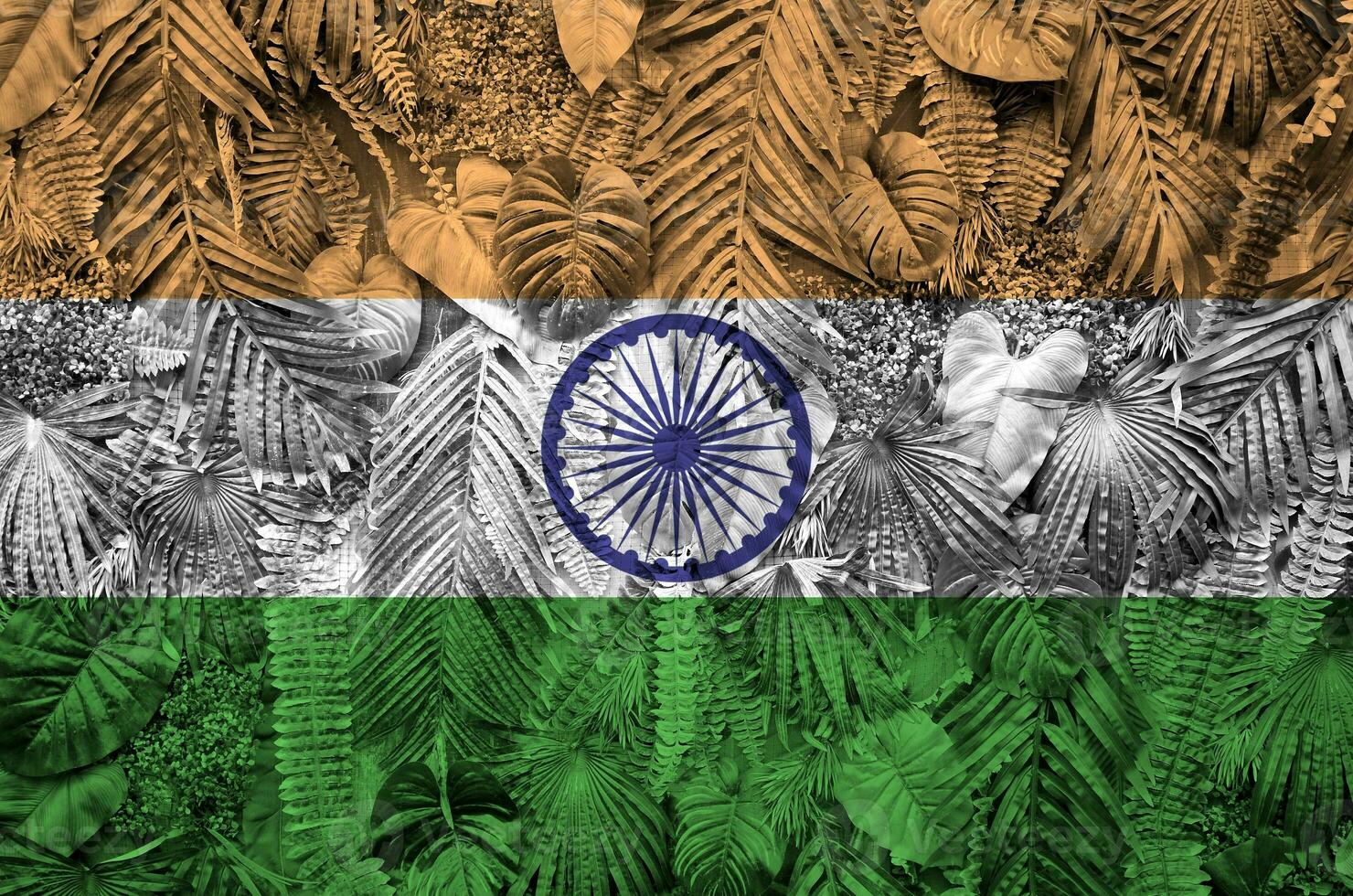 Indien Flagge abgebildet auf viele Blätter von Monstera Palme Bäume. modisch modisch Hintergrund foto