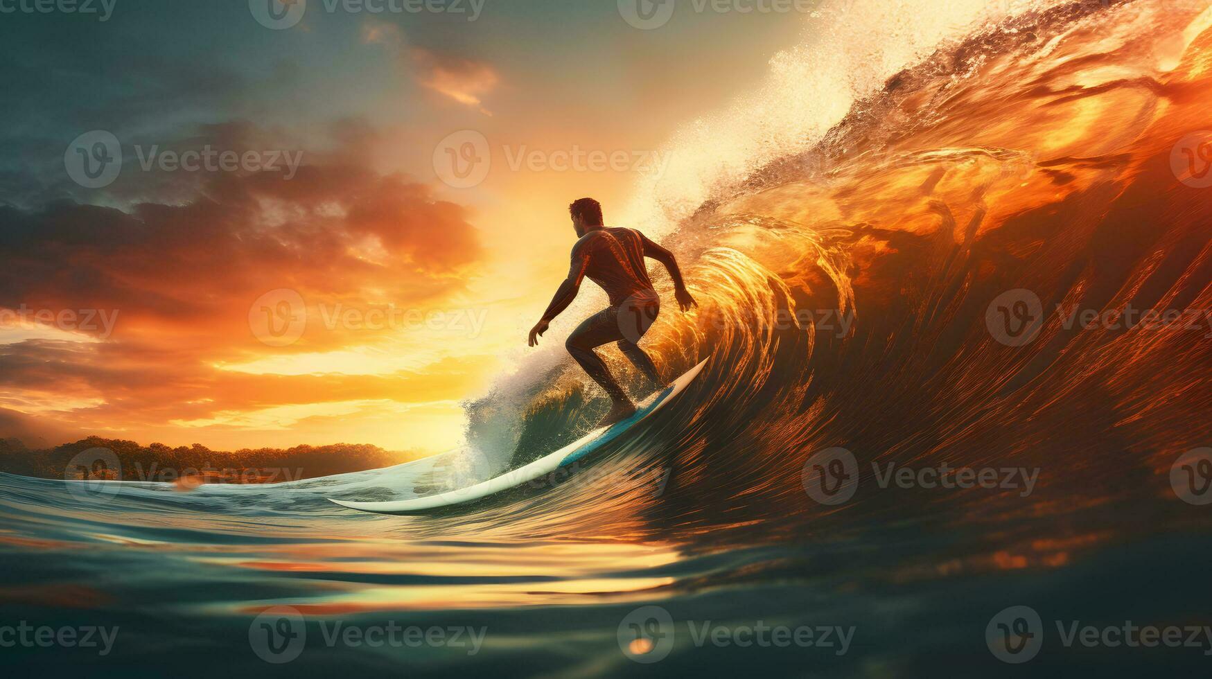 ai generiert Surfer auf das Ozean Welle beim Sonnenuntergang foto