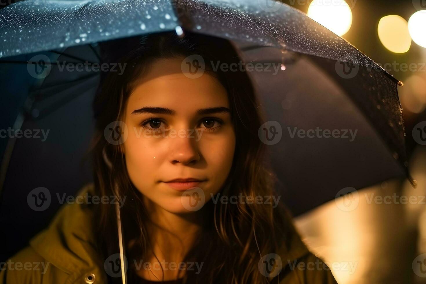 ai generiert Porträt von ein Mädchen mit ein Regenschirm im das Regen. neural Netzwerk ai generiert foto