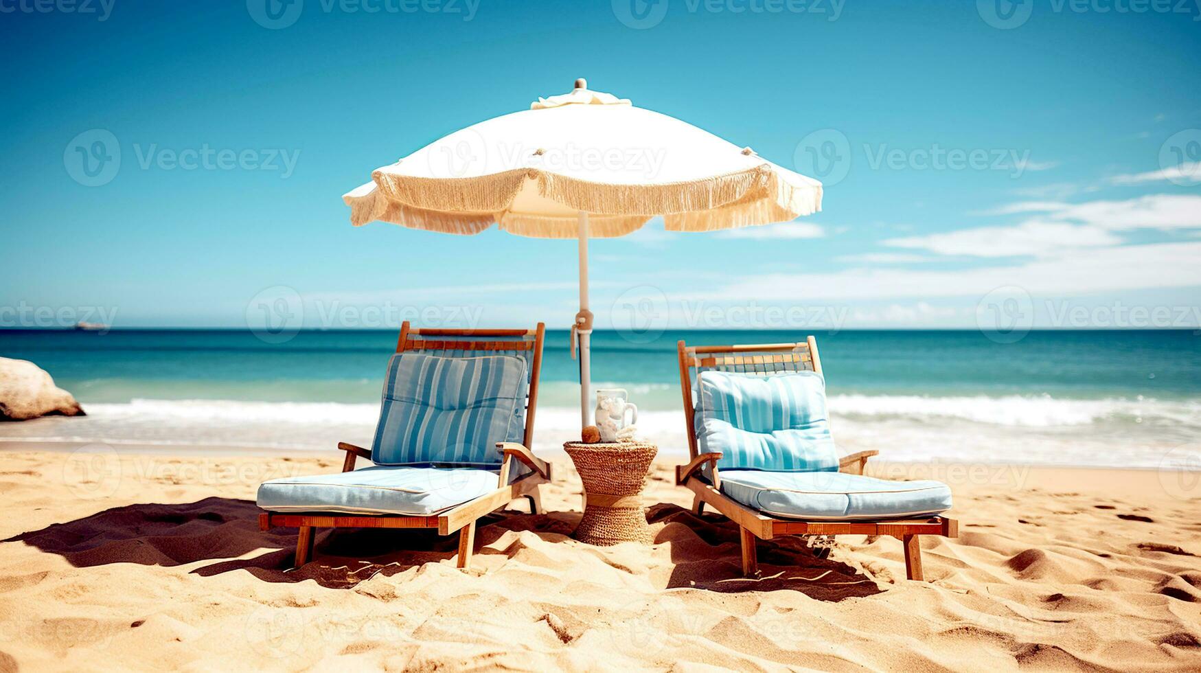 ai generiert Porträt von Strand Stühle. Vorderseite Aussicht von Salon Stühle mit Regenschirm auf das Strand Sand. Strand Aussicht beim um, Urlaub, Urlaube Konzept. generativ ai foto