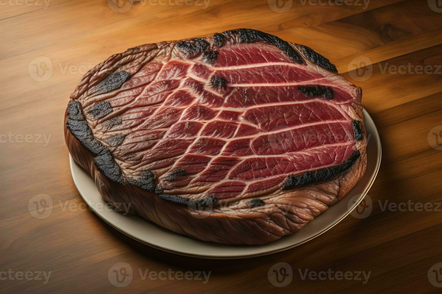 ai generiert geschnitten Rindfleisch Steak auf ein Teller auf ein hölzern Hintergrund. generativ ai foto