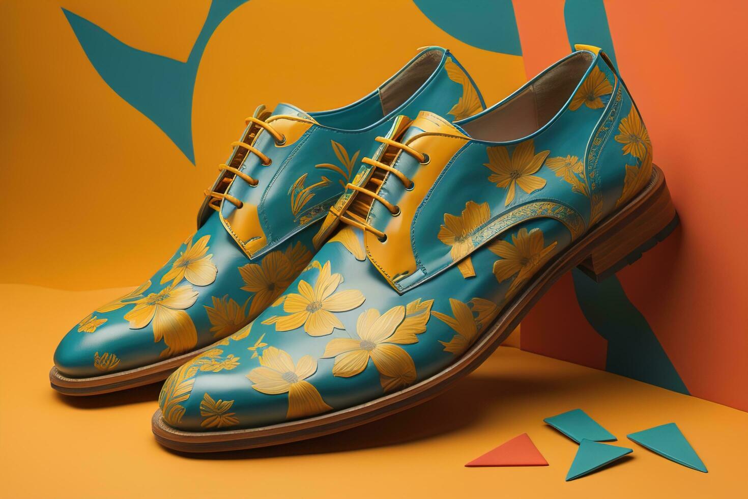 ai generiert Paar von Schuhe mit Blumen- Muster auf Orange Hintergrund. generativ ai foto