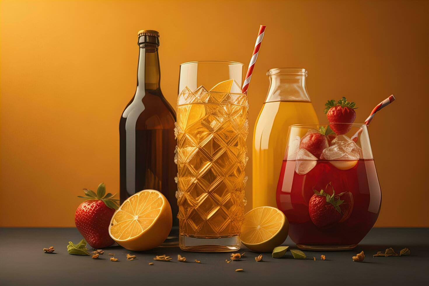 ai generiert Obst Limonade mit Erdbeeren, Zitrone und Eis auf ein dunkel Hintergrund. generativ ai foto