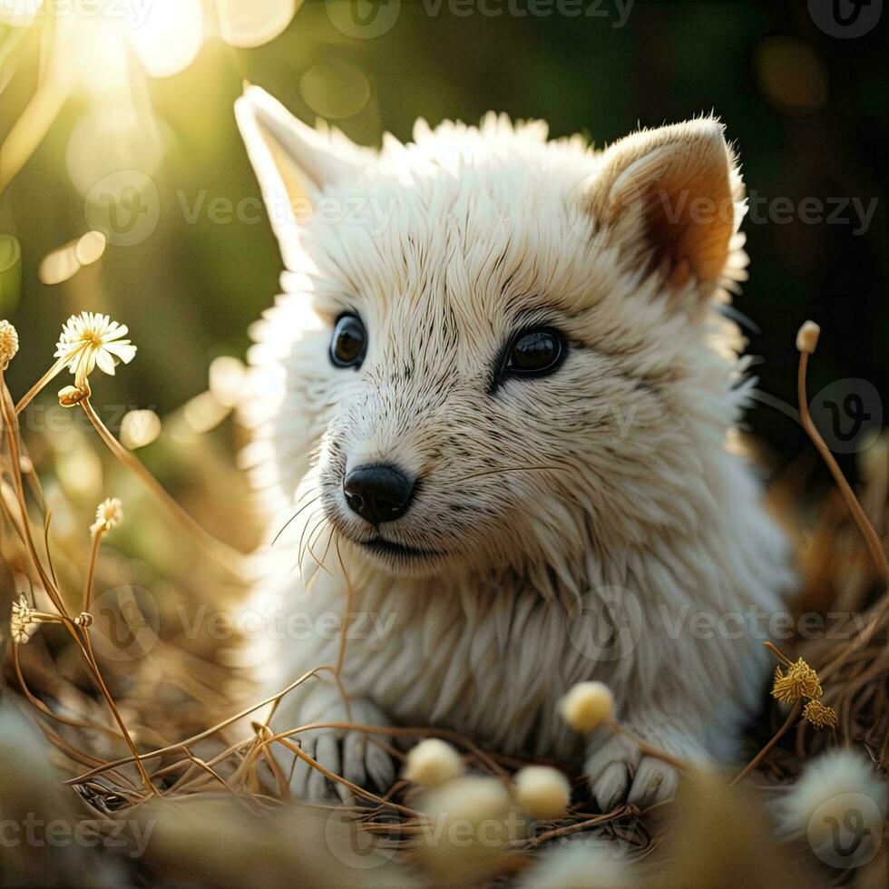 ai generiert süß Weiß pommerschen Hündchen Sitzung im das Gras beim Sonnenuntergang. generativ ai foto