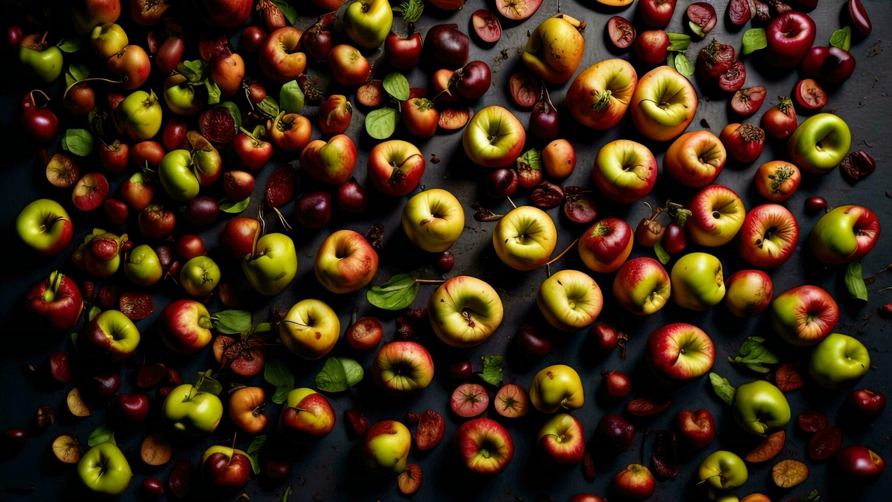 ai generiert Äpfel und Kirschen auf ein schwarz Hintergrund. selektiv Fokus. generativ ai foto