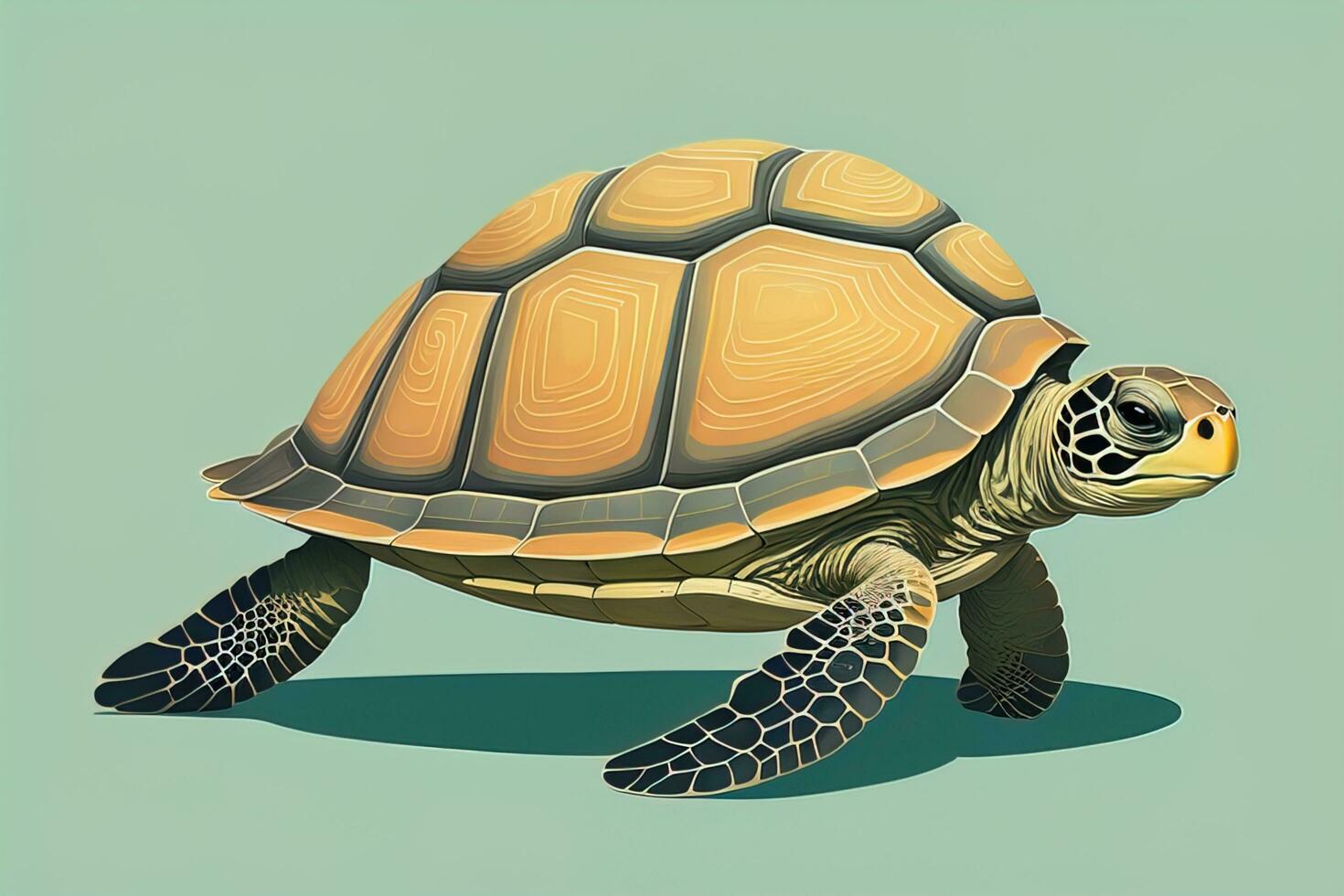 ai generiert Illustration von ein Schildkröte auf ein Grün Hintergrund im Karikatur Stil. ai generativ foto