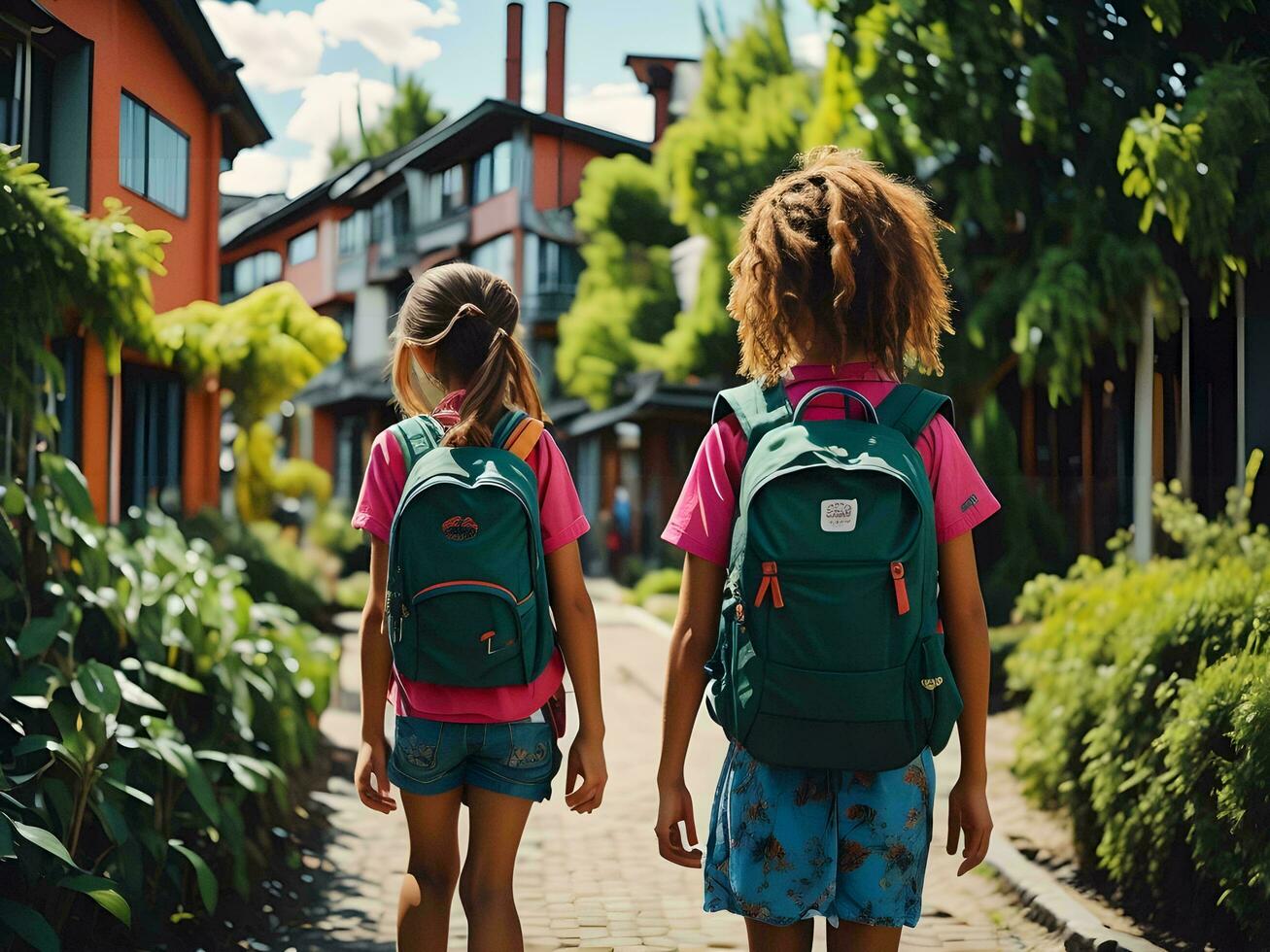 ai generiert zurück Aussicht von zwei wenig Mädchen mit Rucksäcke gehen zu Schule. zurück zu Schule Konzept. generativ ai foto