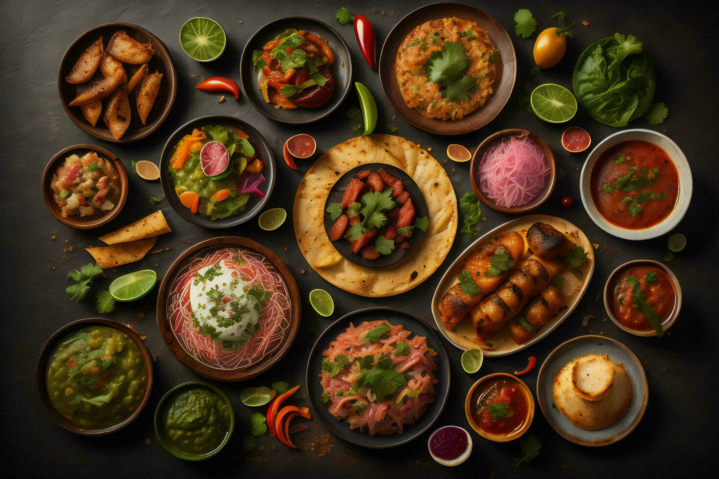 ai generiert indisch Lebensmittel. sortiert indisch Geschirr im Schalen auf ein dunkel Hintergrund. generativ ai foto