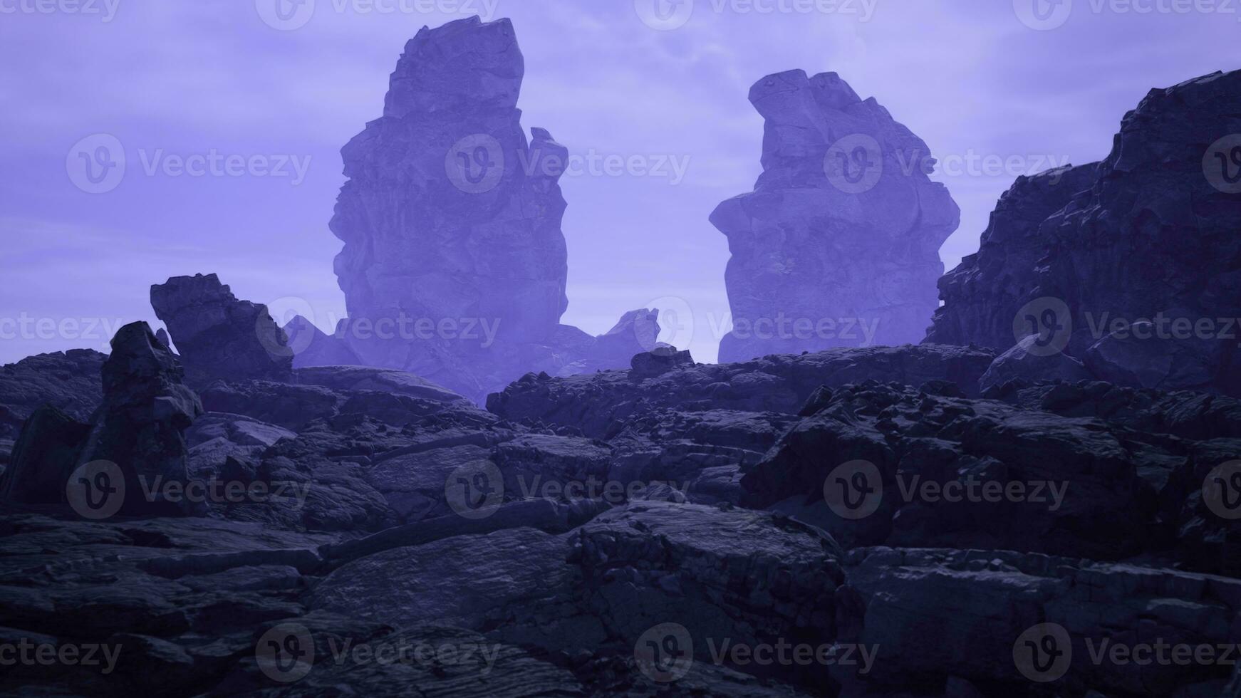 Stein Wüste von Zerstörung von das alt Berge und Hügel gefüllt mit hell Blau Licht. Design. abstrakt Außerirdischer Land oder Planet. foto