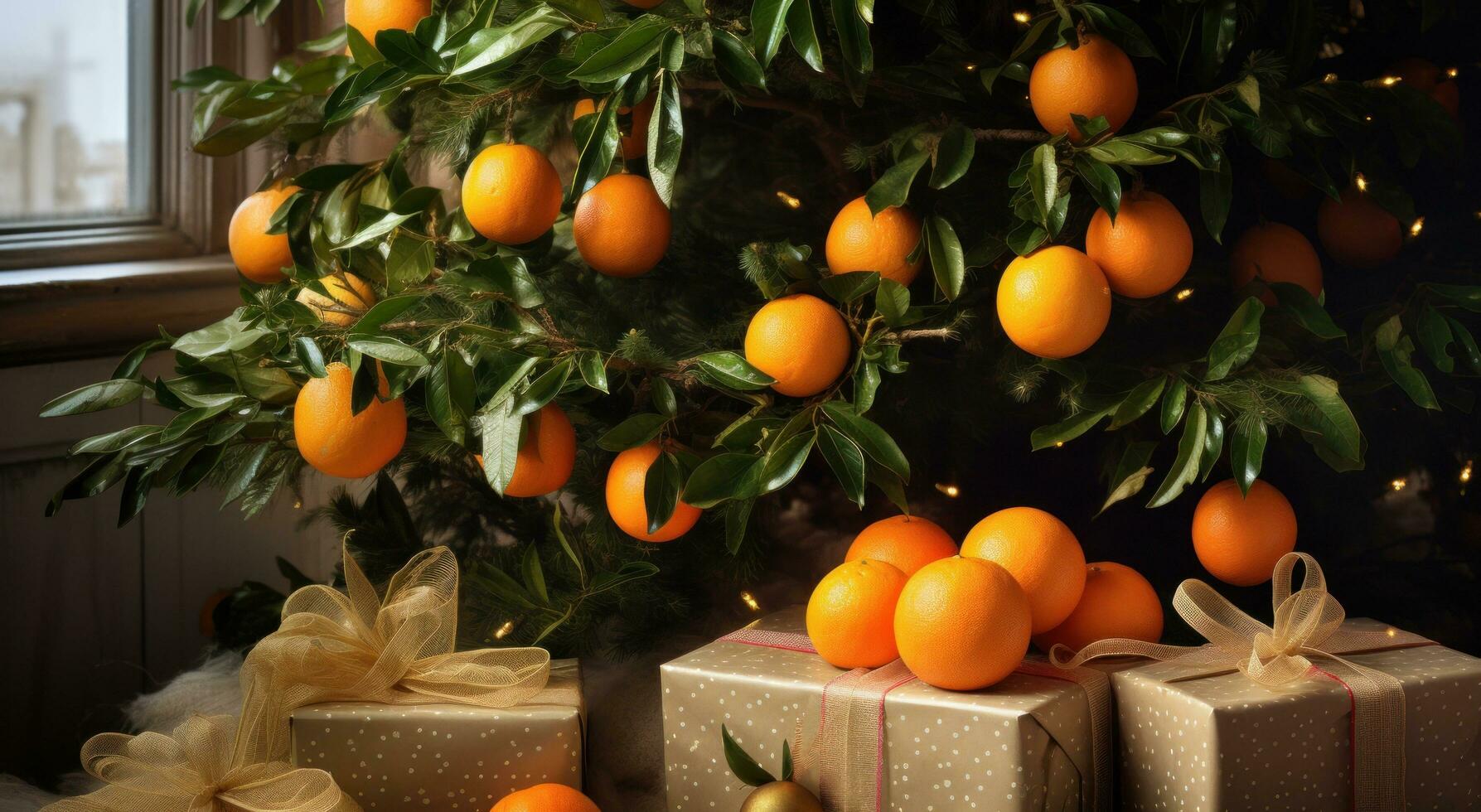 ai generiert frisch Orangen und Geschenke auf ein Weihnachten Baum foto