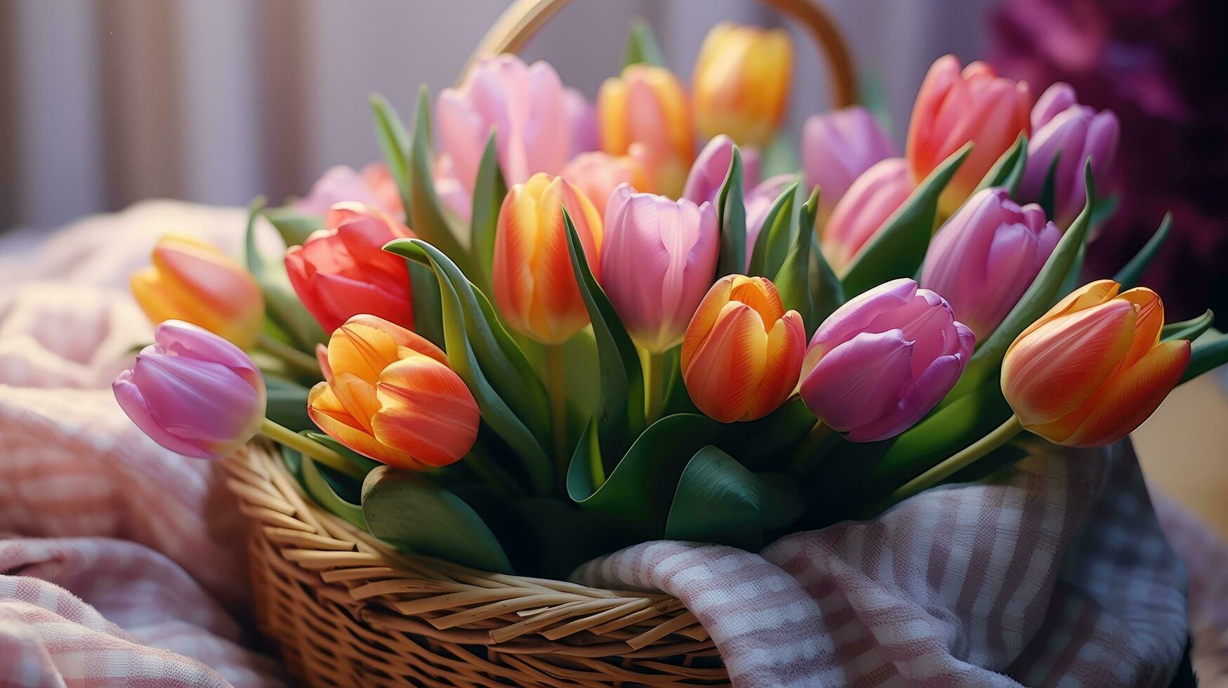 ai generiert Tulpen sind Sitzung auf das Kante von ein Korbweide Korb foto