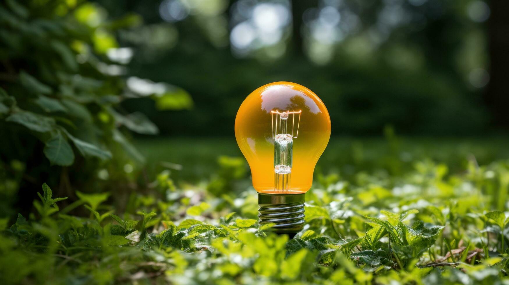 ai generiert ein Orange die Glühbirne ist Sitzung im Gras mit Bäume im das Hintergrund foto