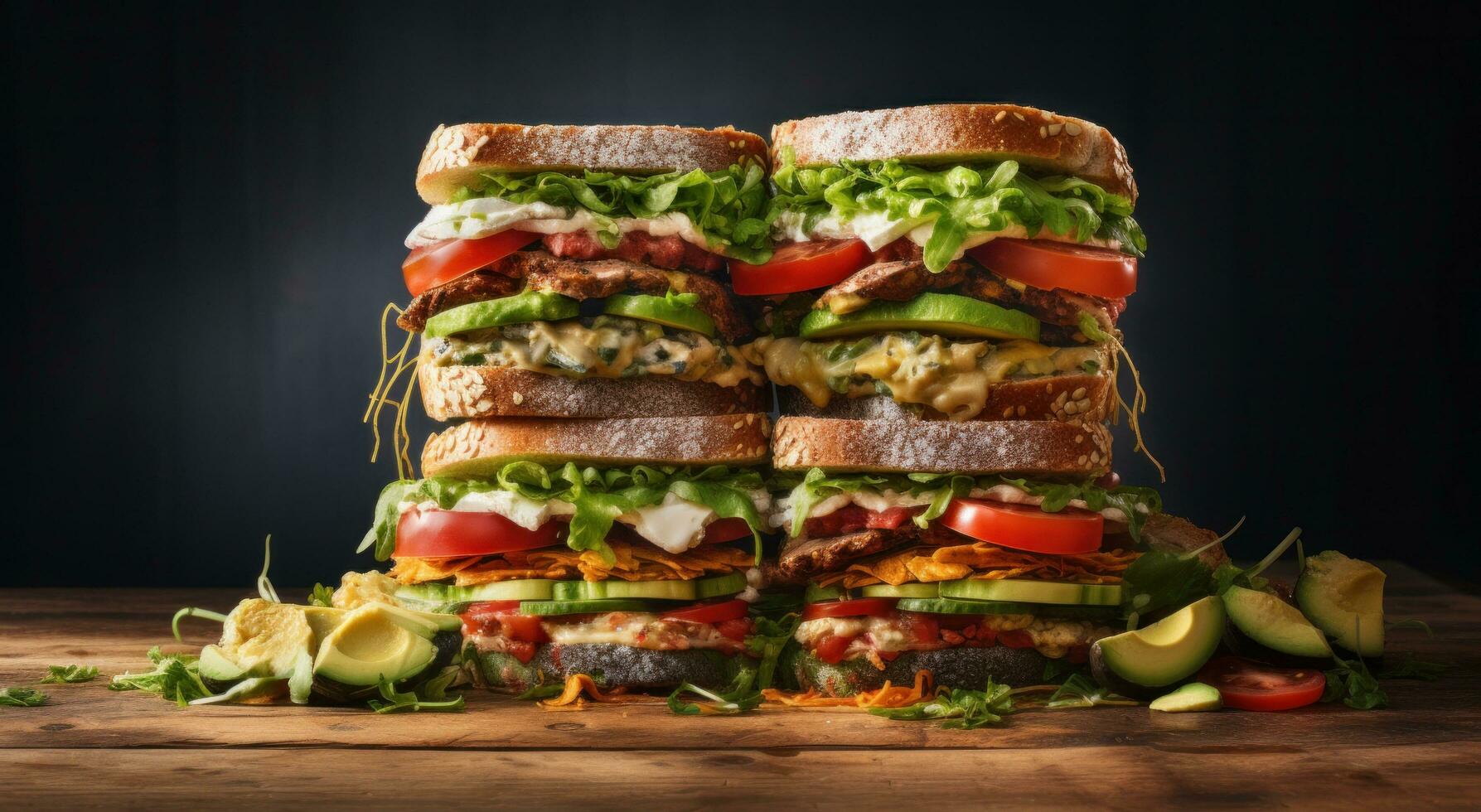 ai generiert ein Stapel von Sandwiches ist auf oben von ein Tafel foto