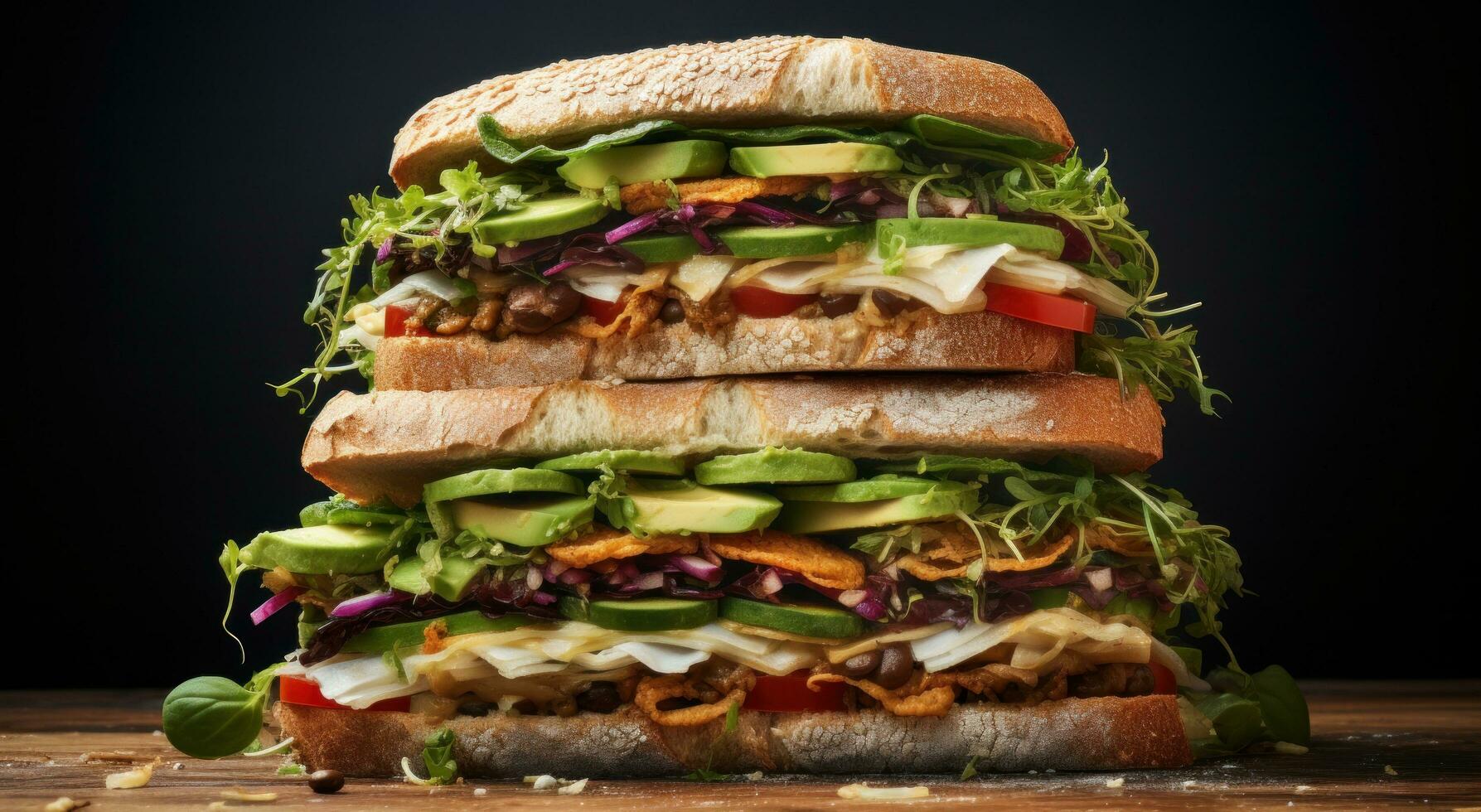 ai generiert ein Stapel von Sandwiches ist auf oben von ein Tafel foto