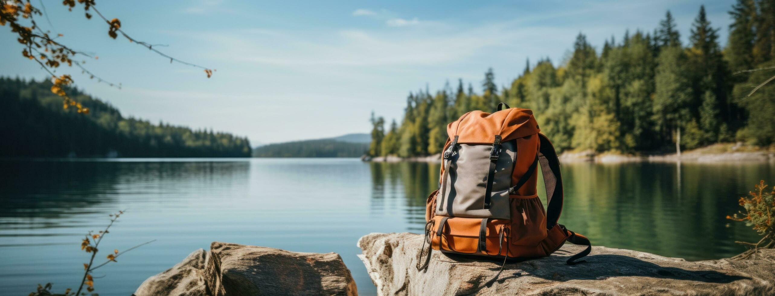 ai generiert ein Rucksack auf ein felsig Leiste im Vorderseite von ein See, foto