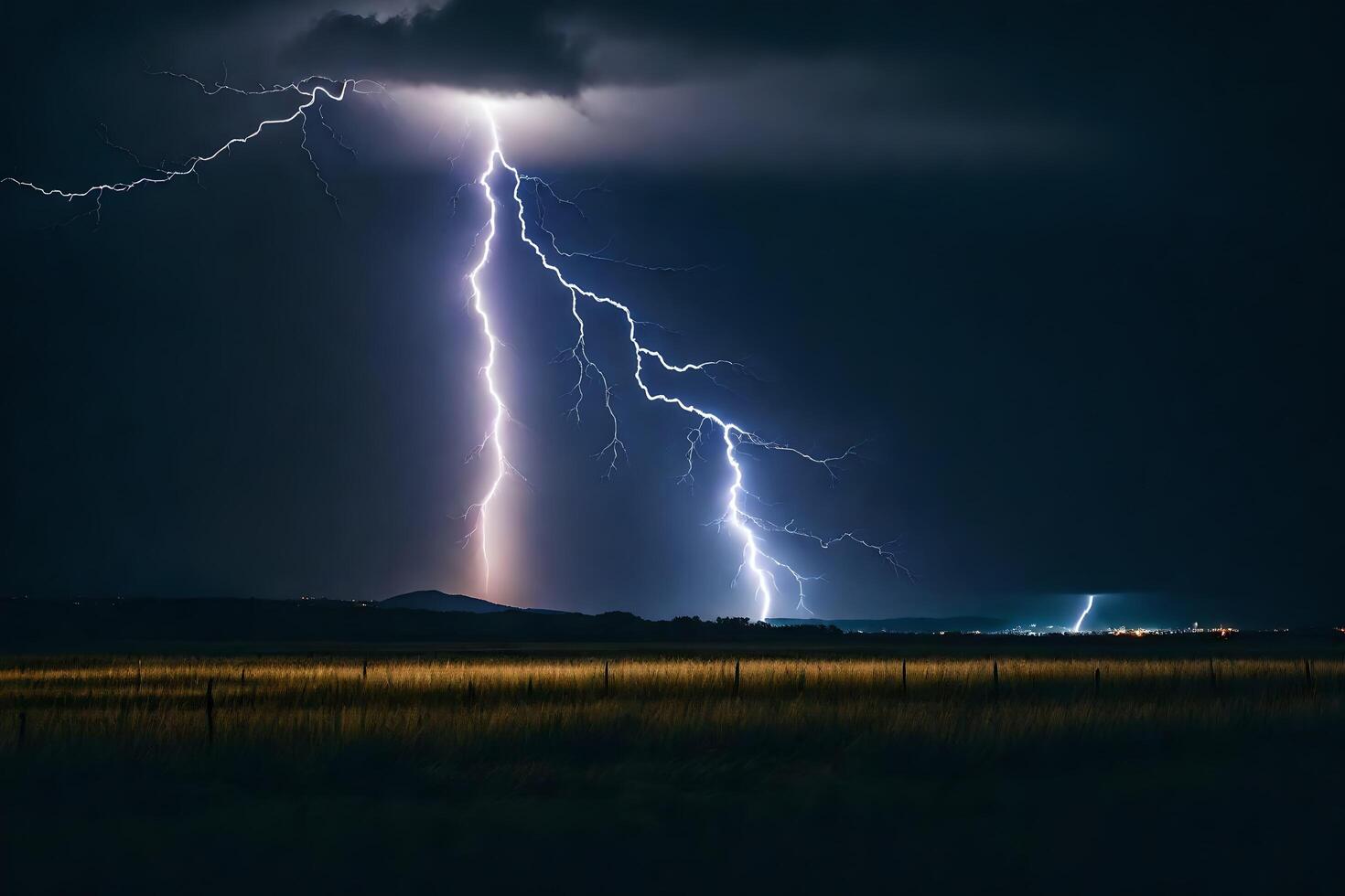 ai generiert Blitz Streiks Über ein Feld im das dunkel foto