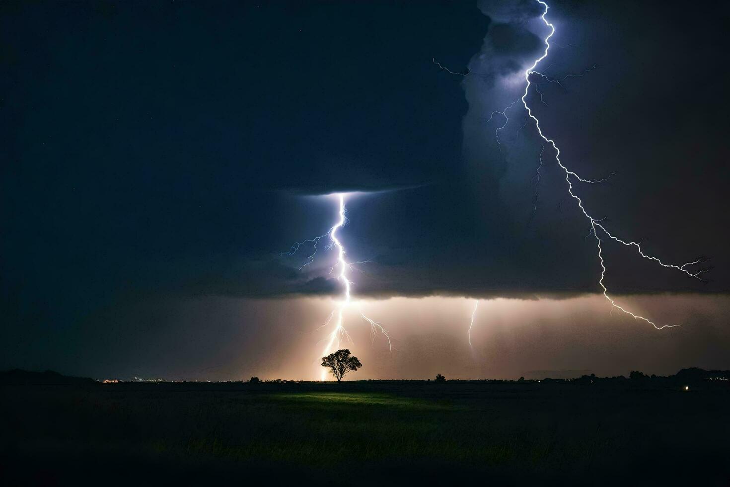 ai generiert Blitz Streiks Über ein Feld mit ein Baum im das Hintergrund foto