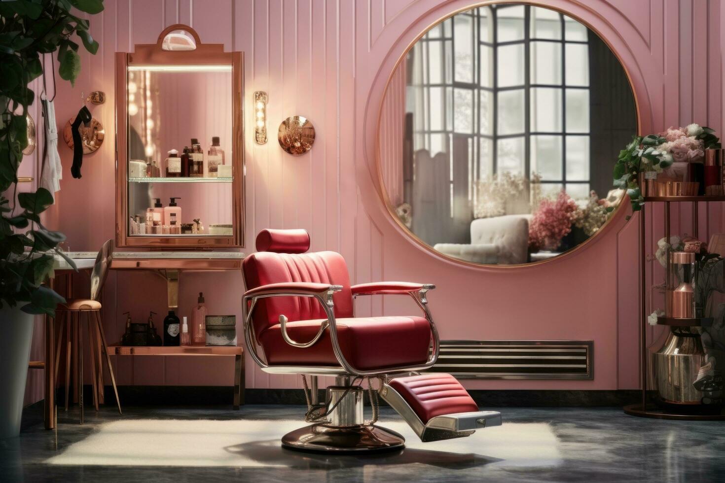 ai generiert das Haar Salon mit viele Werkzeug, mit ein Rosa Stuhl und Stühle foto