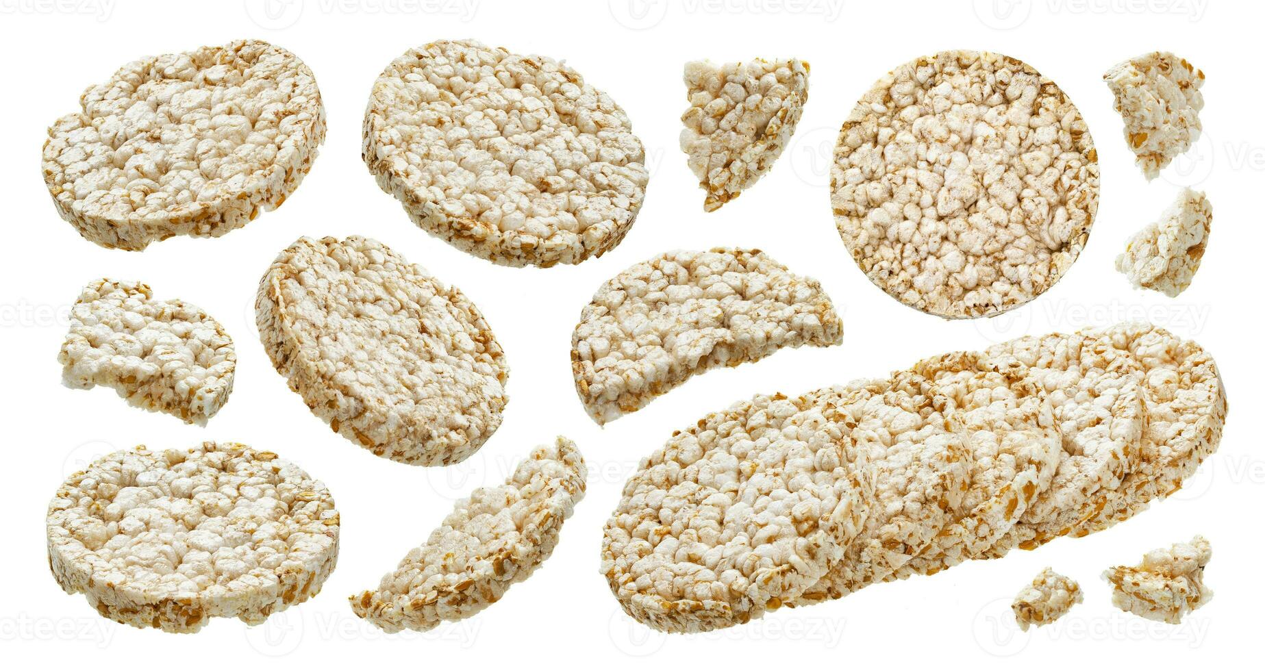 aufgeblasen Reis Brot isoliert auf Weiß Hintergrund, Diät knusprig runden Reis Waffeln foto