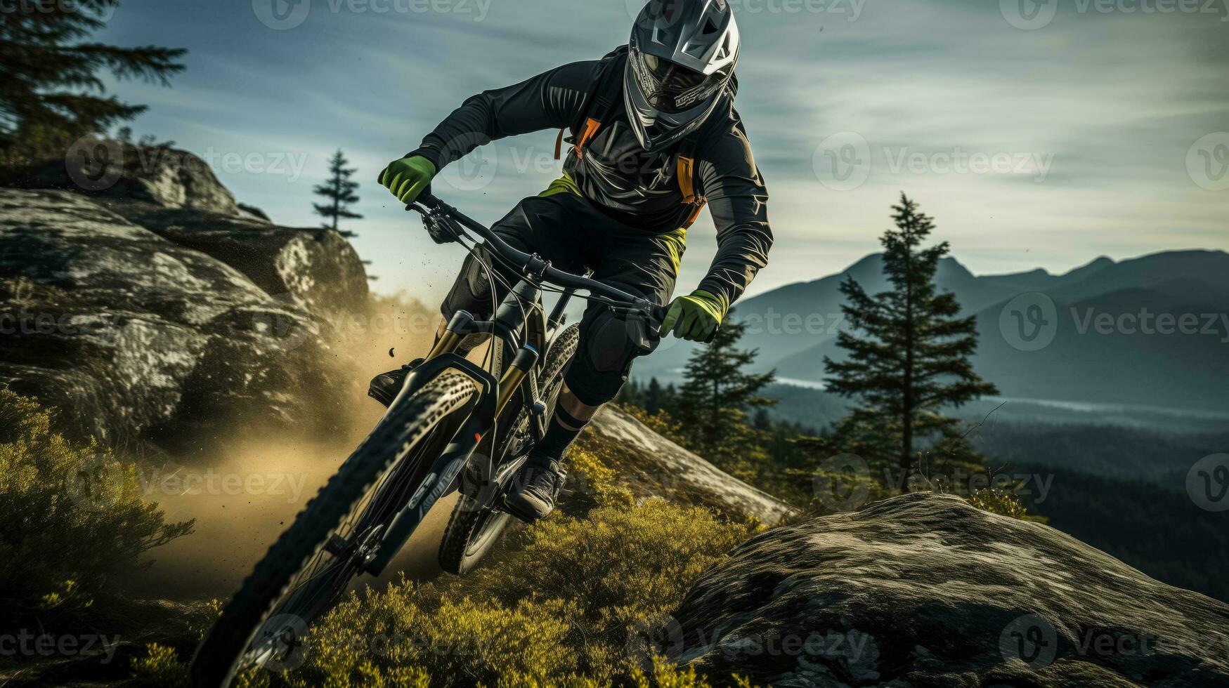 ai generiert spannend Berg Radfahren, präsentieren Fitness und Abenteuer auf ein malerisch Weg foto