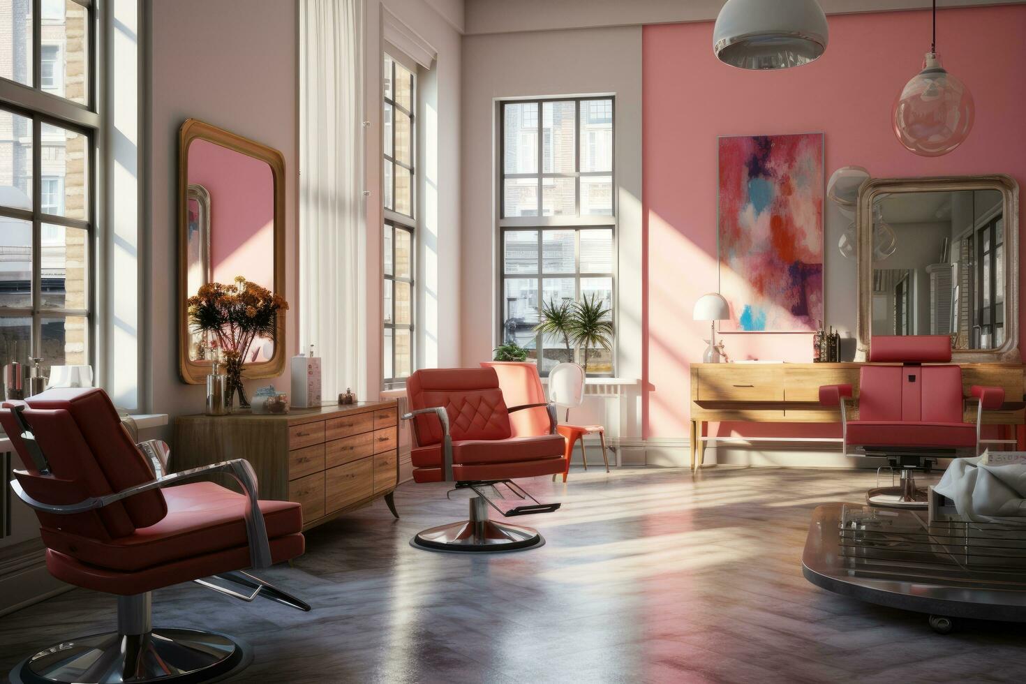 ai generiert ein Salon Zimmer mit Rosa Möbel und Stühle foto