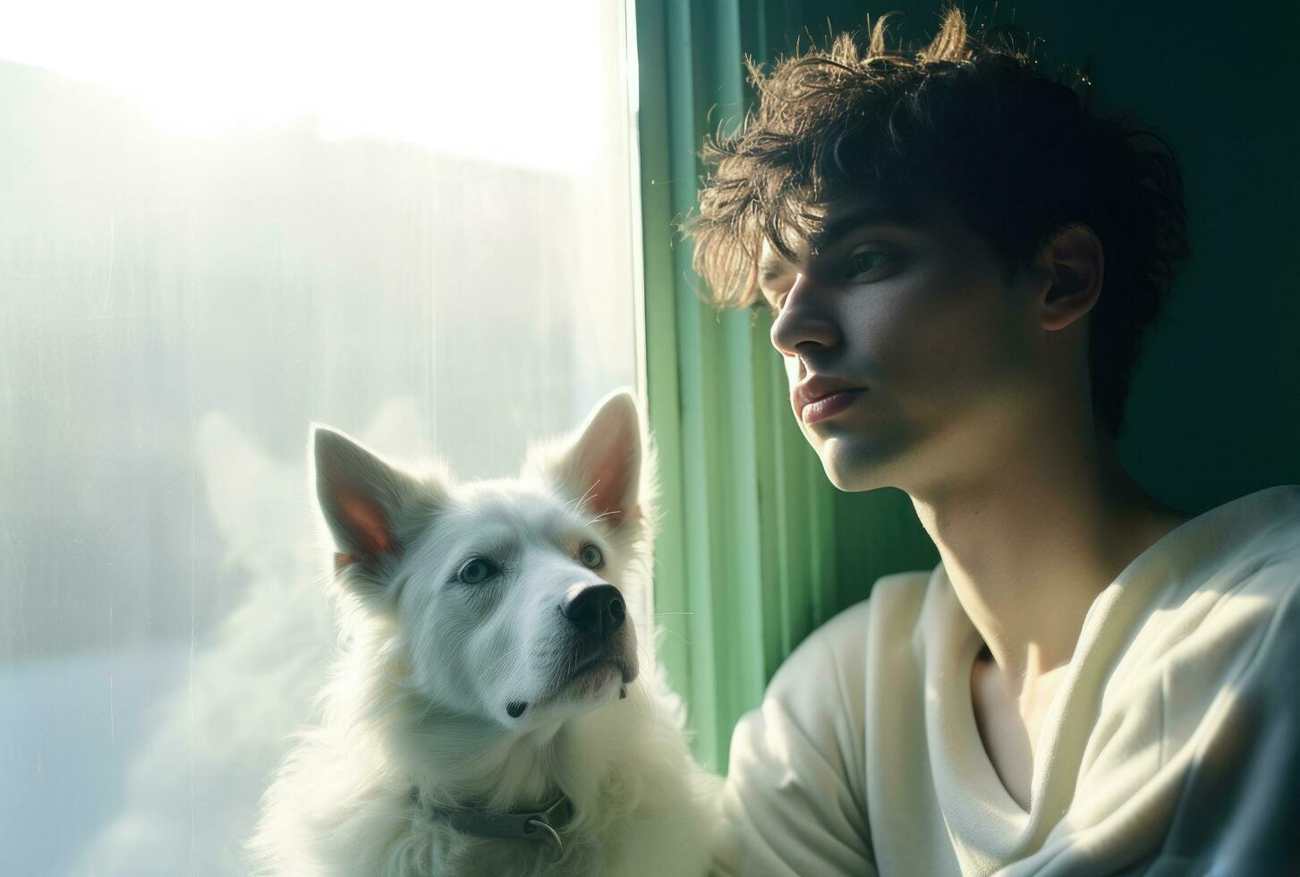 ai generiert ein Mann sitzt auf ein Weiß Hund im ein öffnen Fenster foto