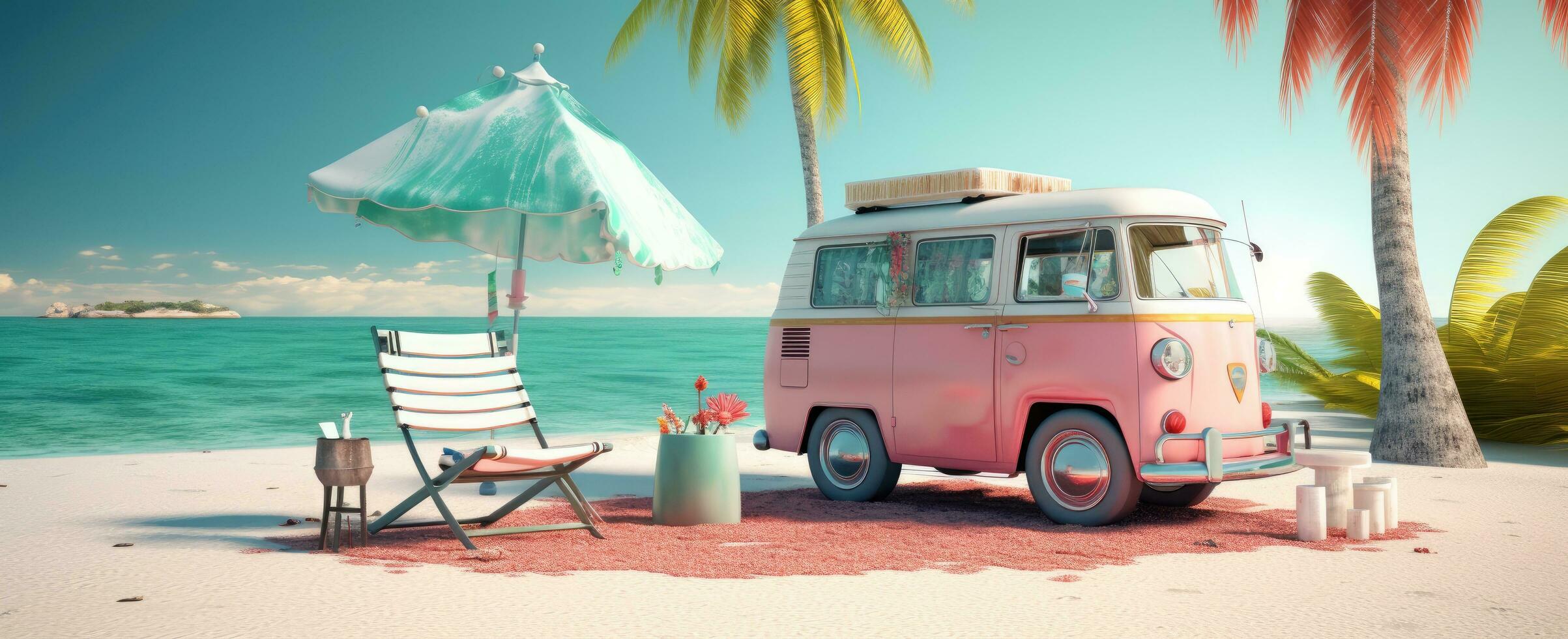 ai generiert ein Wohnmobil van auf ein Strand mit Strand Handtücher, Stühle und ein Kühler foto