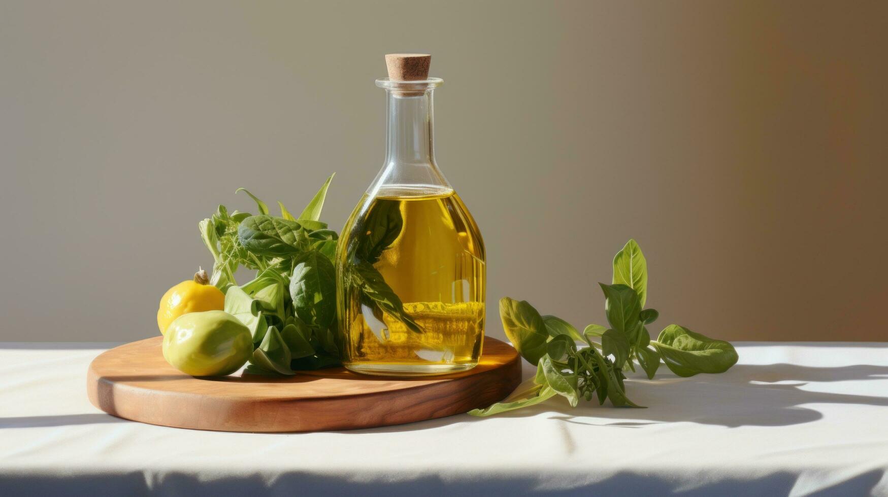 ai generiert ein Olive Öl Flasche auf ein hölzern Tafel und Salat foto