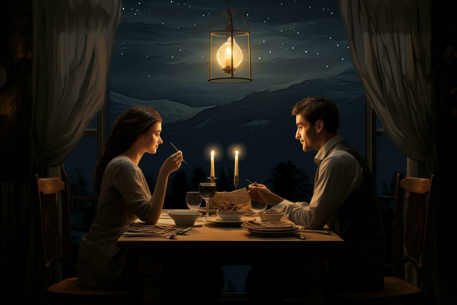 ai generiert glücklich jung Paar im Kerze Nacht Abendessen haben romantisch Abendessen beim heim, Frau Herstellung Geschenk Überraschung auf Kerze Licht Datum ai generiert foto
