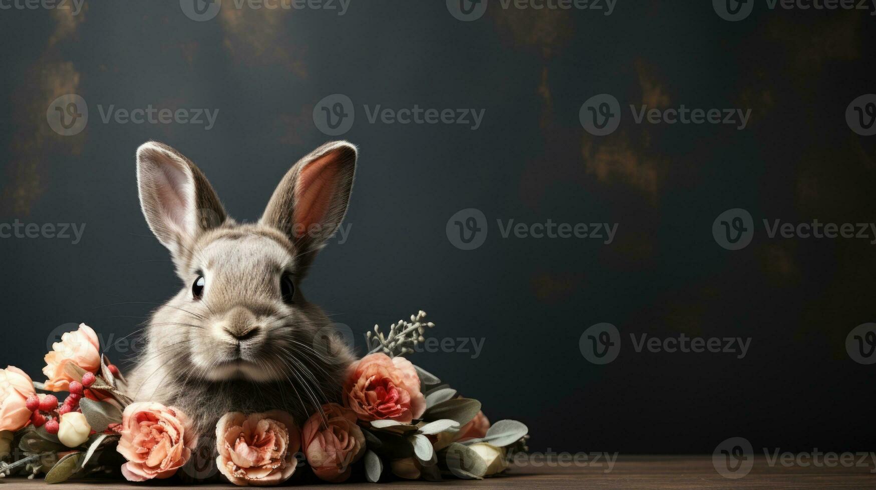 ai generiert bezaubernd Hase unter Frühling Blumen im beschwingt Porträt. foto