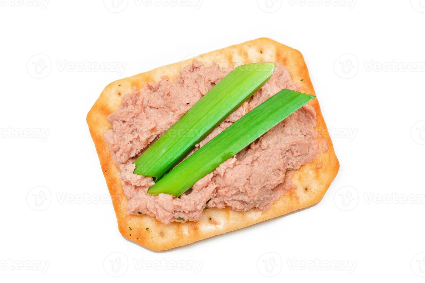 knusprig gesalzen Cracker mit Leber Pastete und Grün Zwiebeln isoliert auf Weiß. einfach Snack Isolierung foto