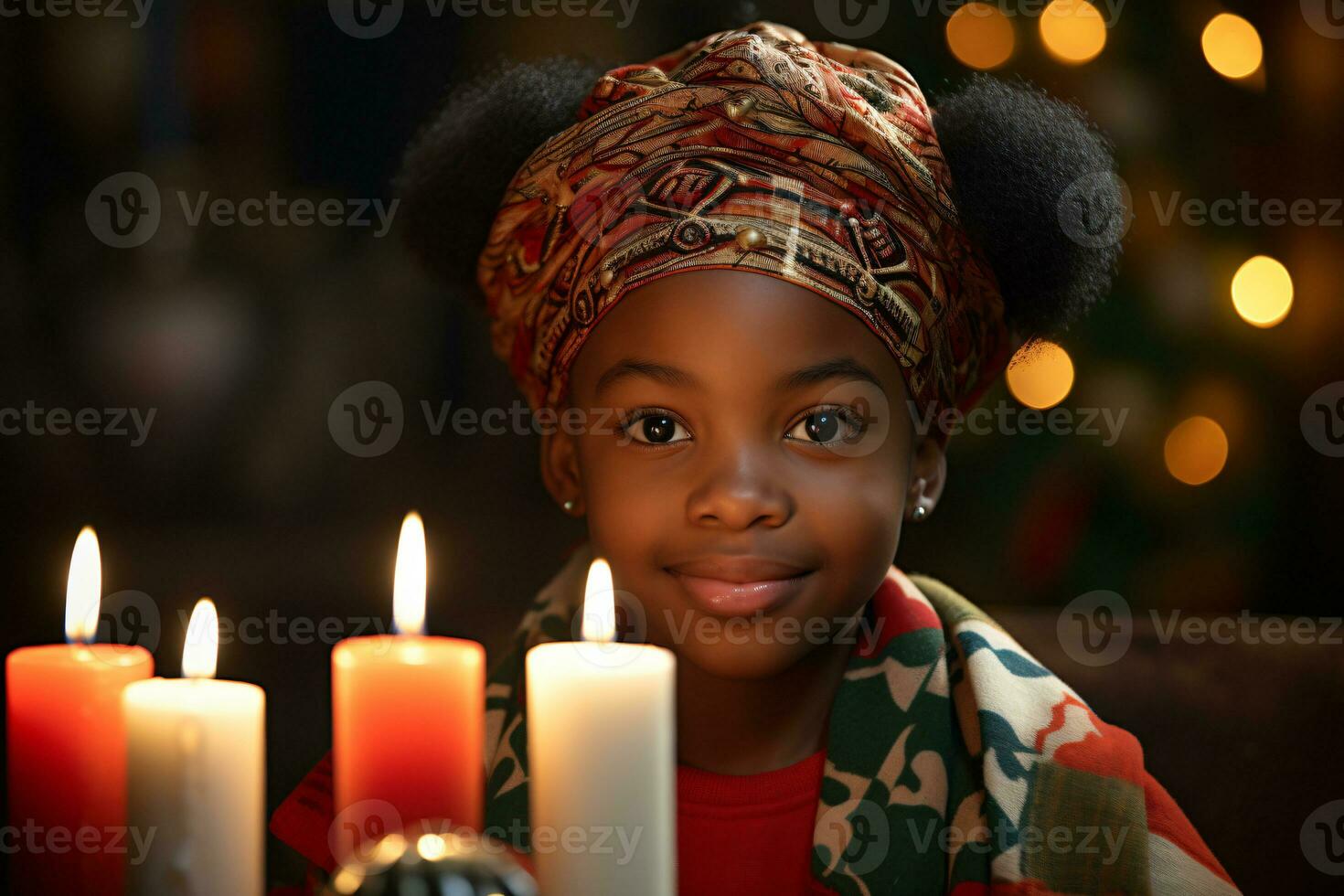 ai generiert Kwanzaa Feier, Fokussierung auf afrikanisch Menschen beleuchtet Kerze glühend mit kulturell Bedeutung foto