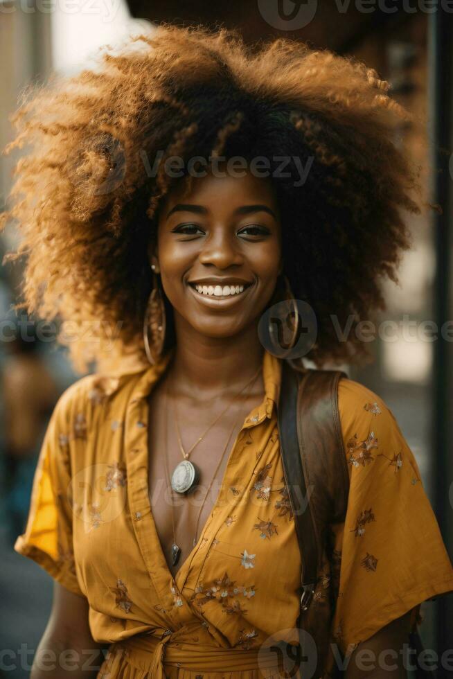 ai generiert jung afro Frau Umarmen Glück und Vertrauen. foto