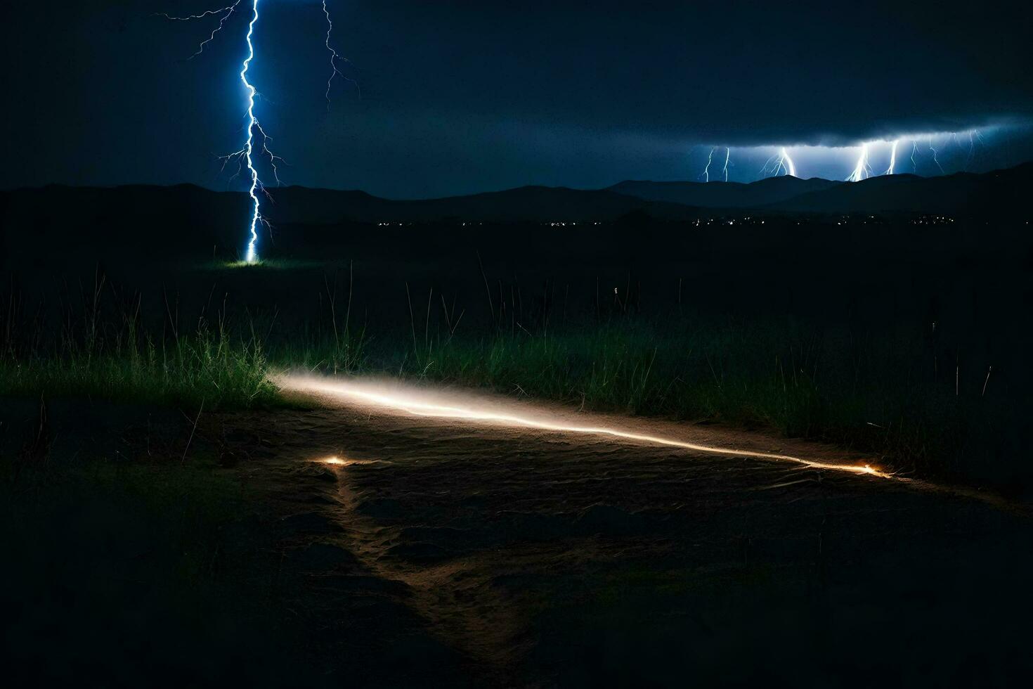 ai generiert Blitz Streiks Über ein Schmutz Straße im das dunkel foto