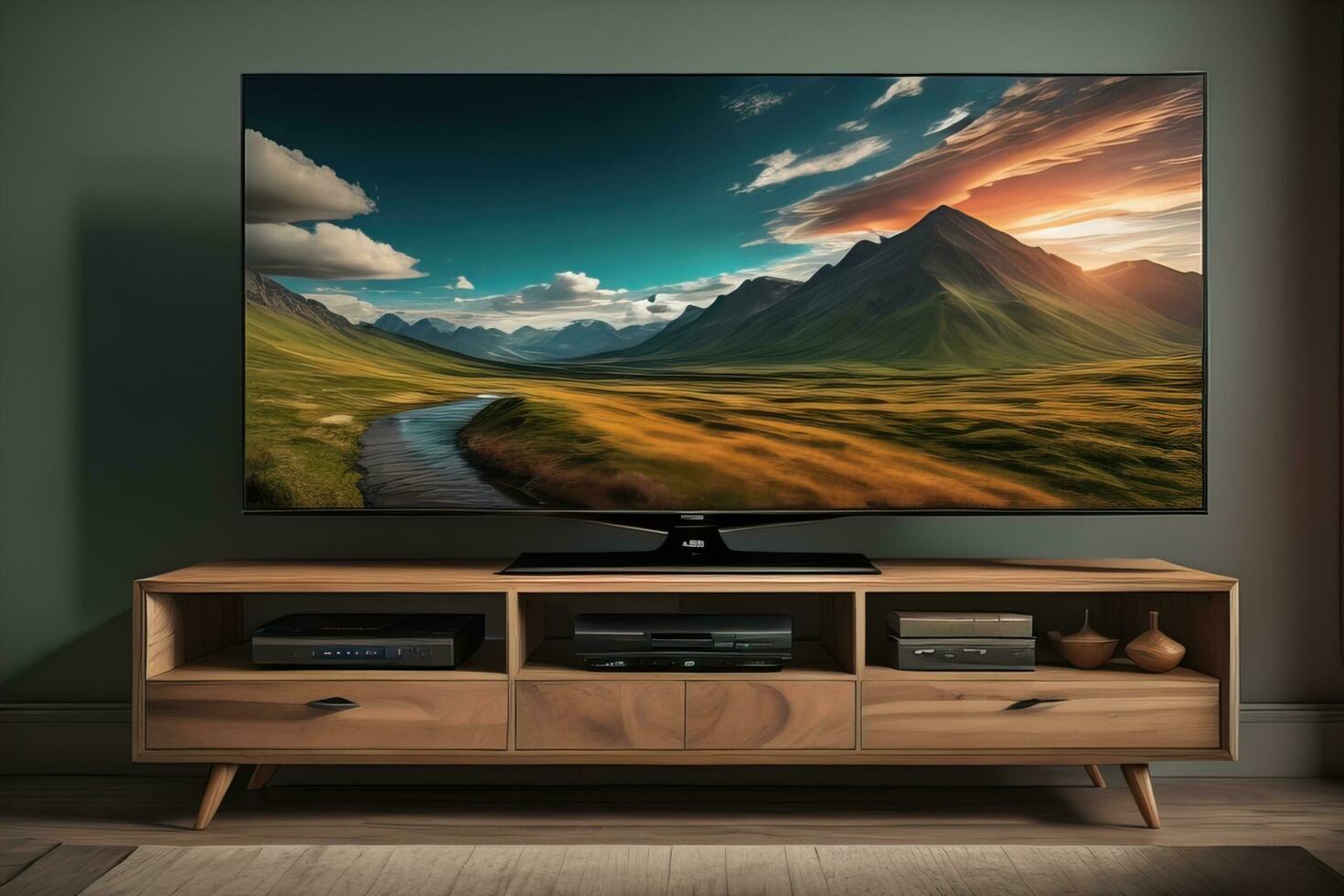 ai generiert Fernseher auf das hölzern Kabinett im modern Leben Zimmer. ai generativ foto