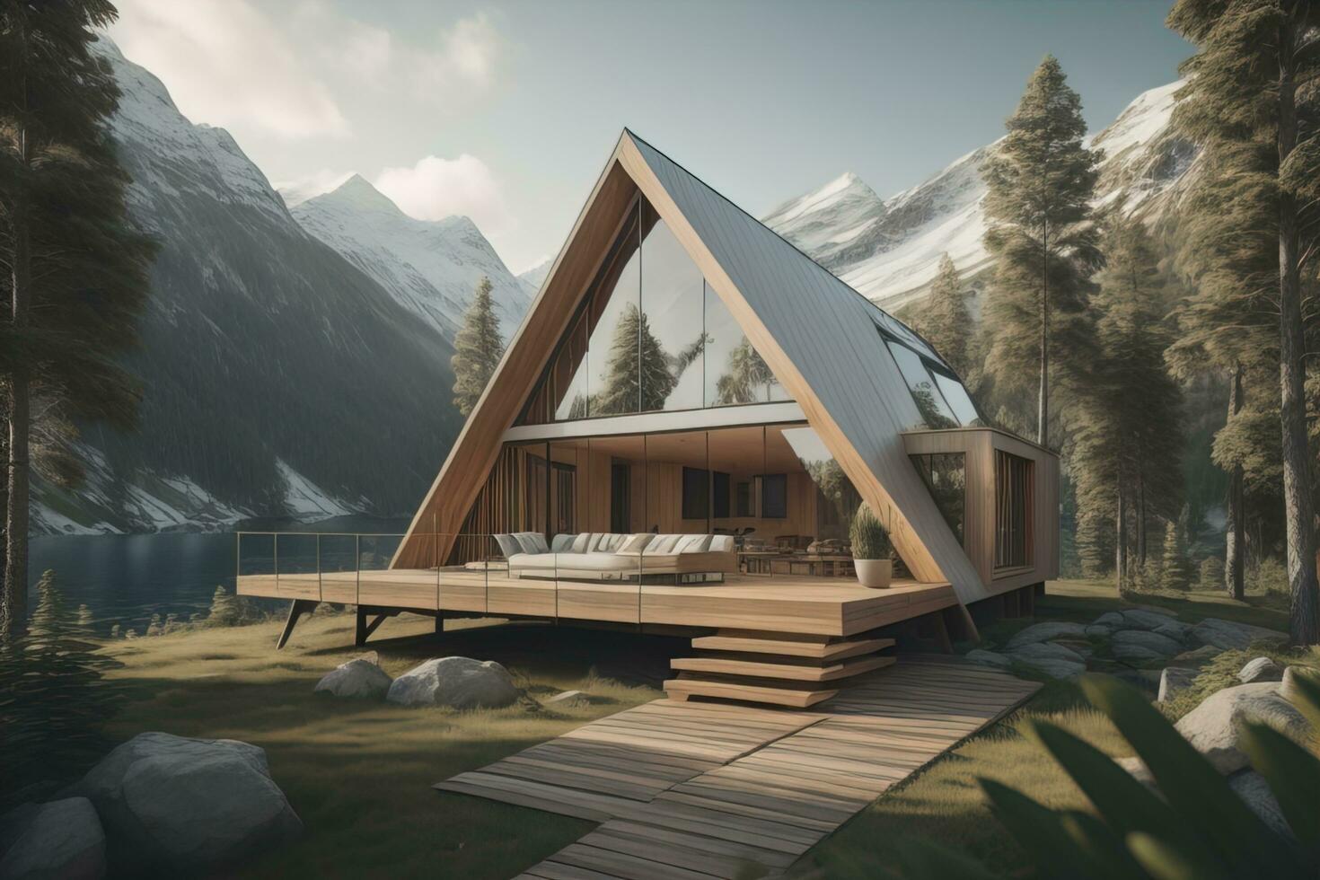 ai generiert modern gemütlich Chalet mit Schwimmbad und Parkplatz zum Verkauf oder mieten. Luxus Haus im das Wald. ai generativ foto