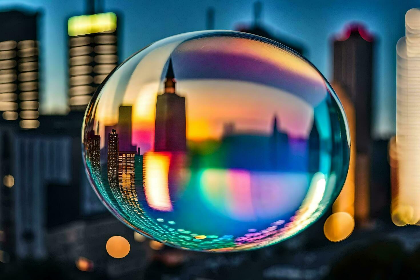 ai generiert ein bunt Blase mit ein Stadt im das Hintergrund foto