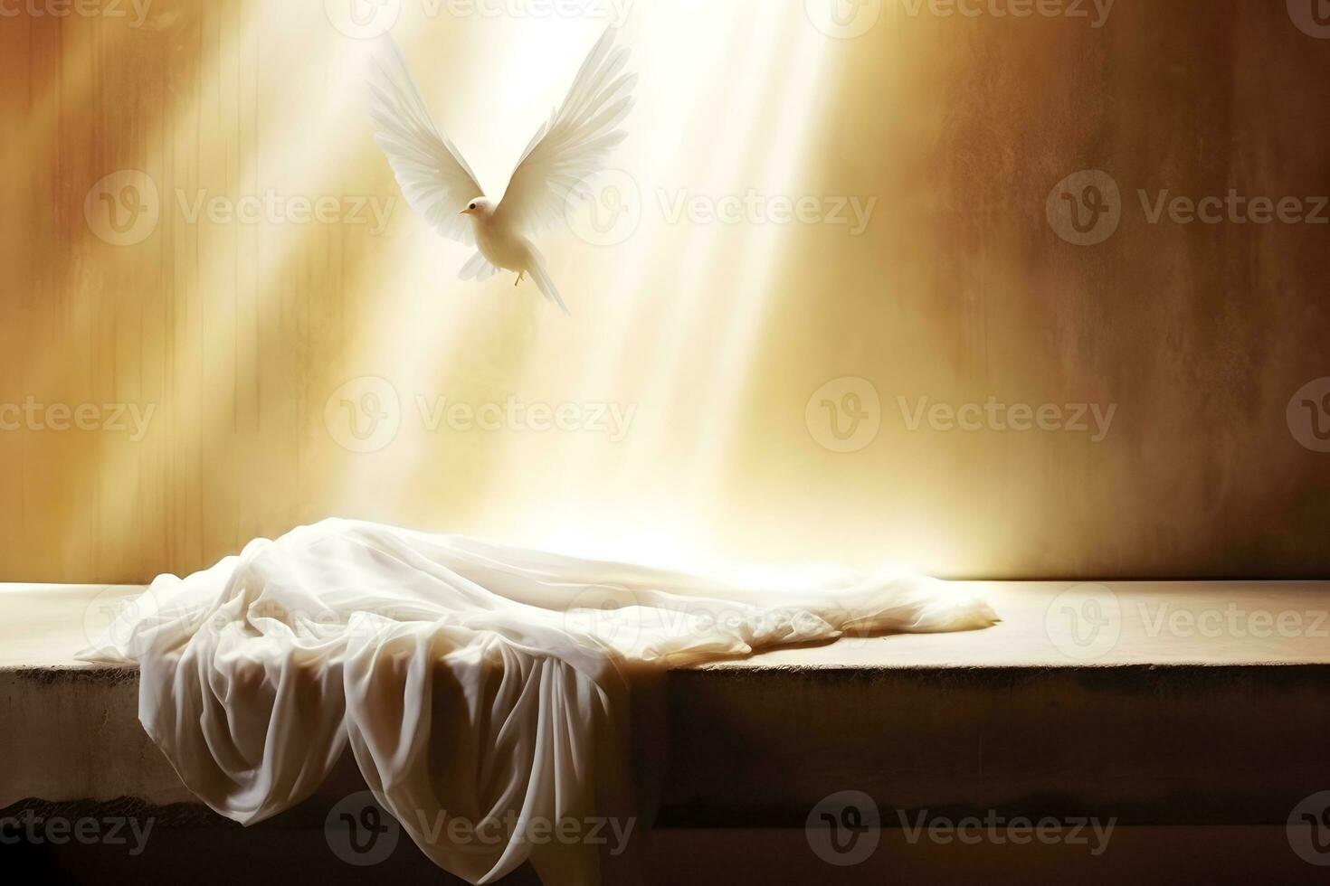 ai generiert Auferstehung von Jesus Christus Konzept. Weiß Vogel, Leichentuch und Kreuzigung beim Sonnenaufgang foto