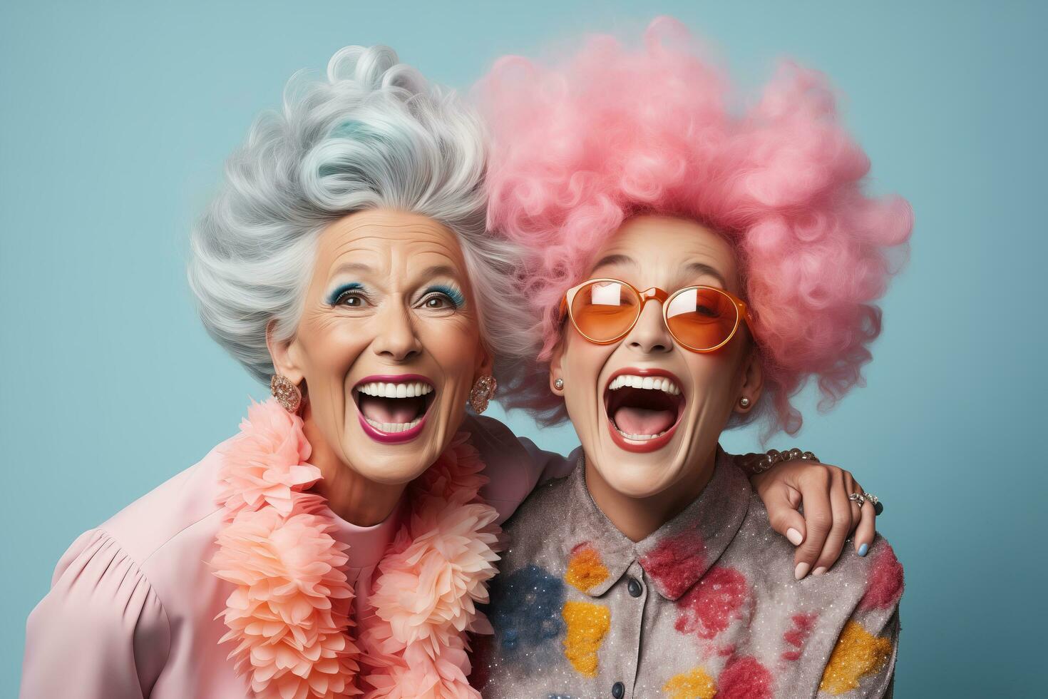 ai generiert zwei komisch Damen mit bunt Frisuren auf ein Blau Hintergrund. foto