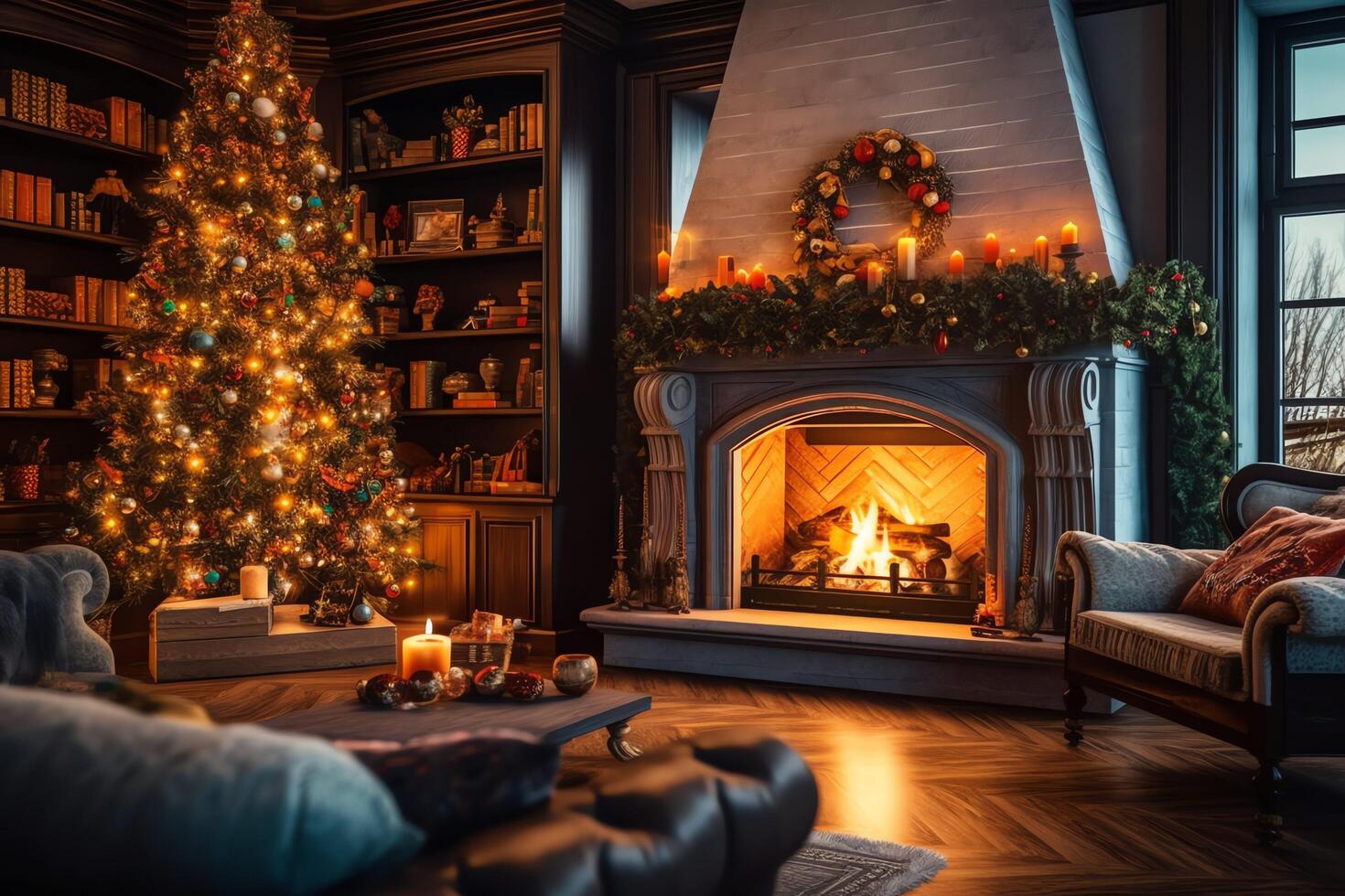 gemütlich Leben Zimmer mit Kamin und schön Weihnachten Baum im klassisch Innere. Innere von Leben Zimmer dekoriert zum fröhlich Weihnachten mit Socken, Geschenk Kisten und Weihnachten Zubehör durch ai generiert foto