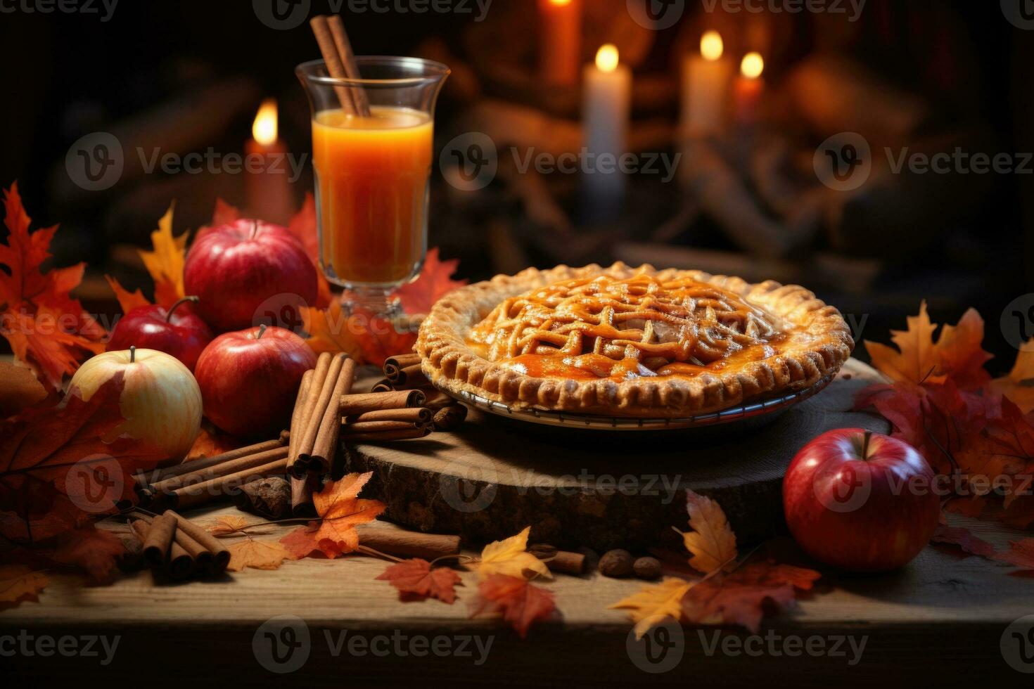 ai generiert ein festlich fallen Szene mit Apfel Apfelwein, Zimt Stöcke, und ein Kürbis Kuchen umgeben durch Herbst Blätter. generativ ai foto
