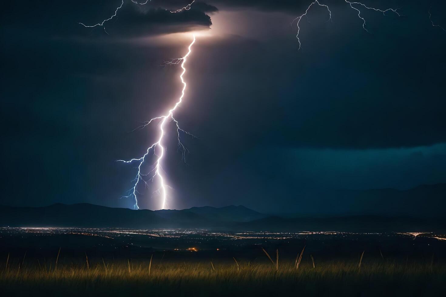 ai generiert ein Blitz Bolzen ist gesehen im das Himmel Über ein Feld foto