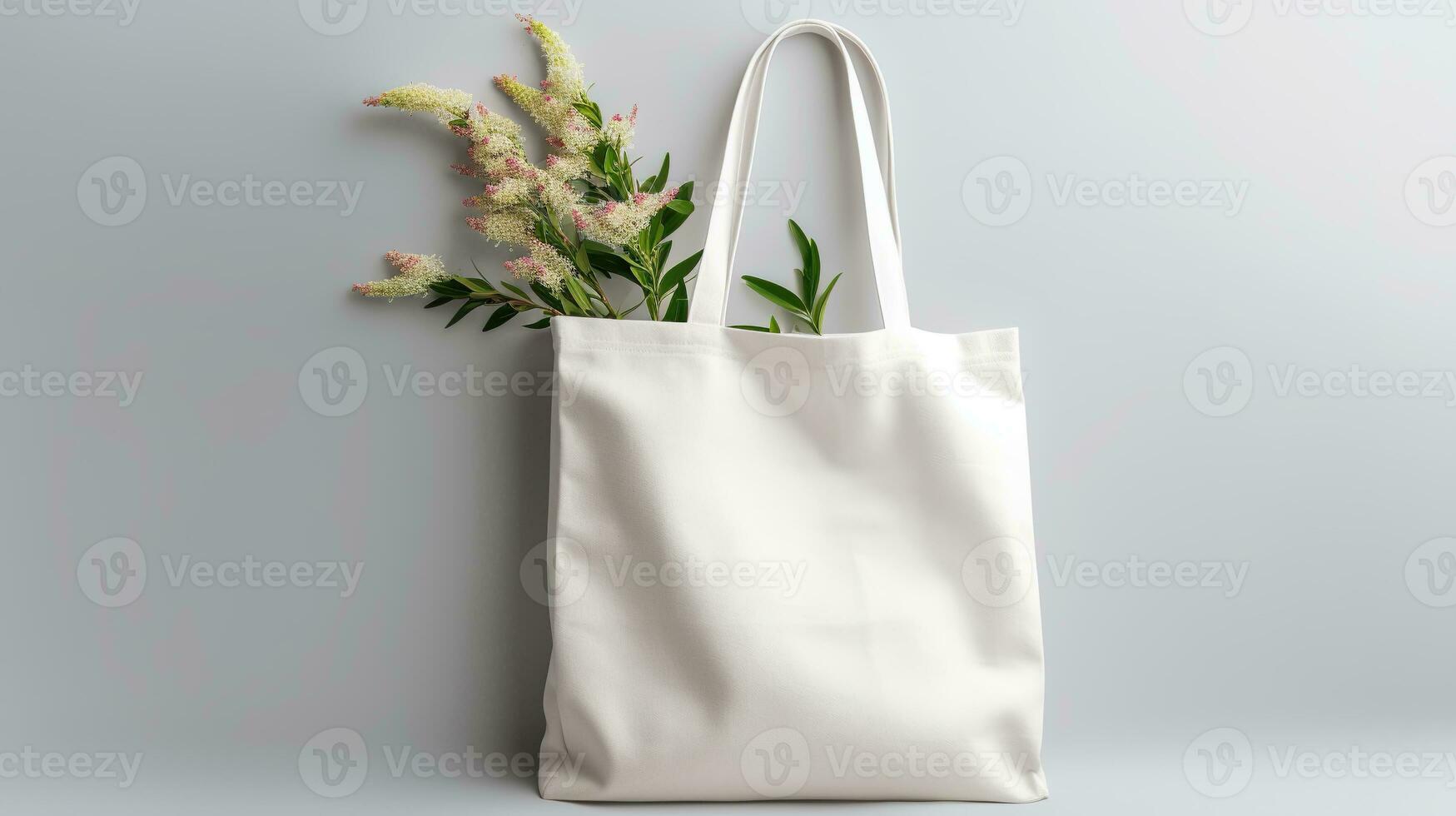 ai generiert generativ ai, Öko Handtasche voll von Blumen, Weiß Tasche Tasche spotten oben auf neutral Hintergrund foto