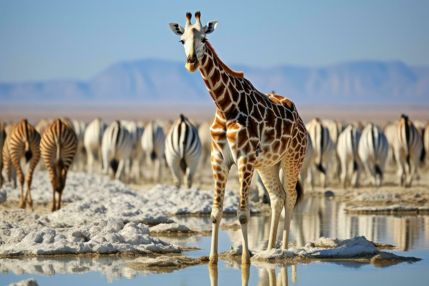 ai generiert Giraffe im das Etosha National Park, Namibia, ein Herde von Giraffen und Zebras im Etosha National Park, Namibia, schafft ein malerisch Szene, ai generiert foto