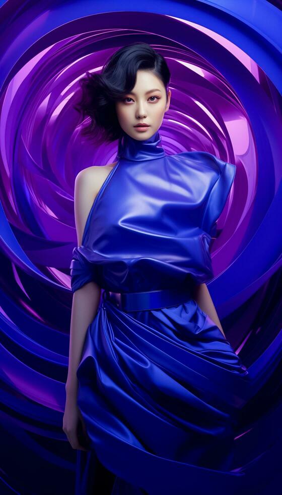ai generiert Foto von schön asiatisch Modell- tragen Metaverse futuristisch Mode. Cyberpunk Frau ai generiert