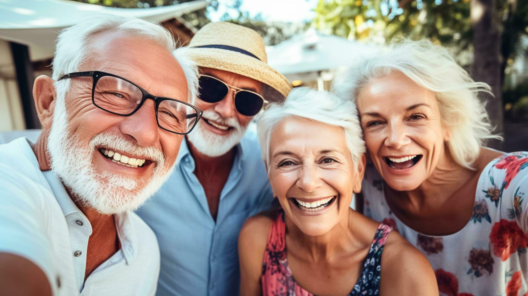 ai generiert Gruppe von elegant suchen Senior Menschen nehmen Selfie mit Smartphone, glücklich und lächelnd.ai generiert foto
