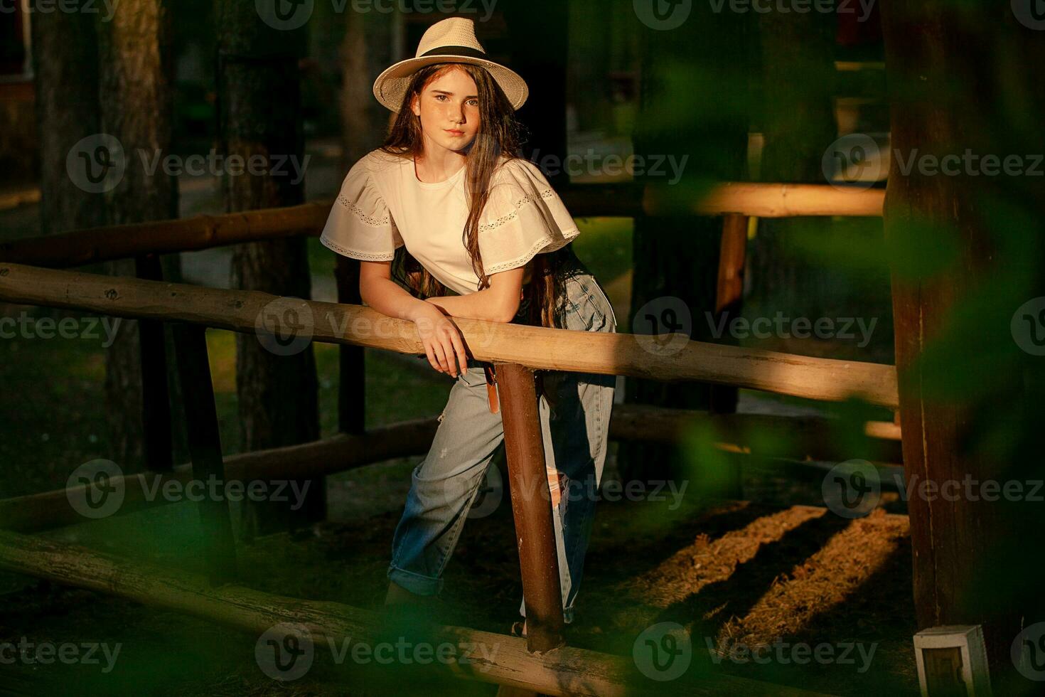 Teenager Mädchen Stehen im Land Nachlass im Wald im Strahlen von Rahmen Sommer- Sonne foto